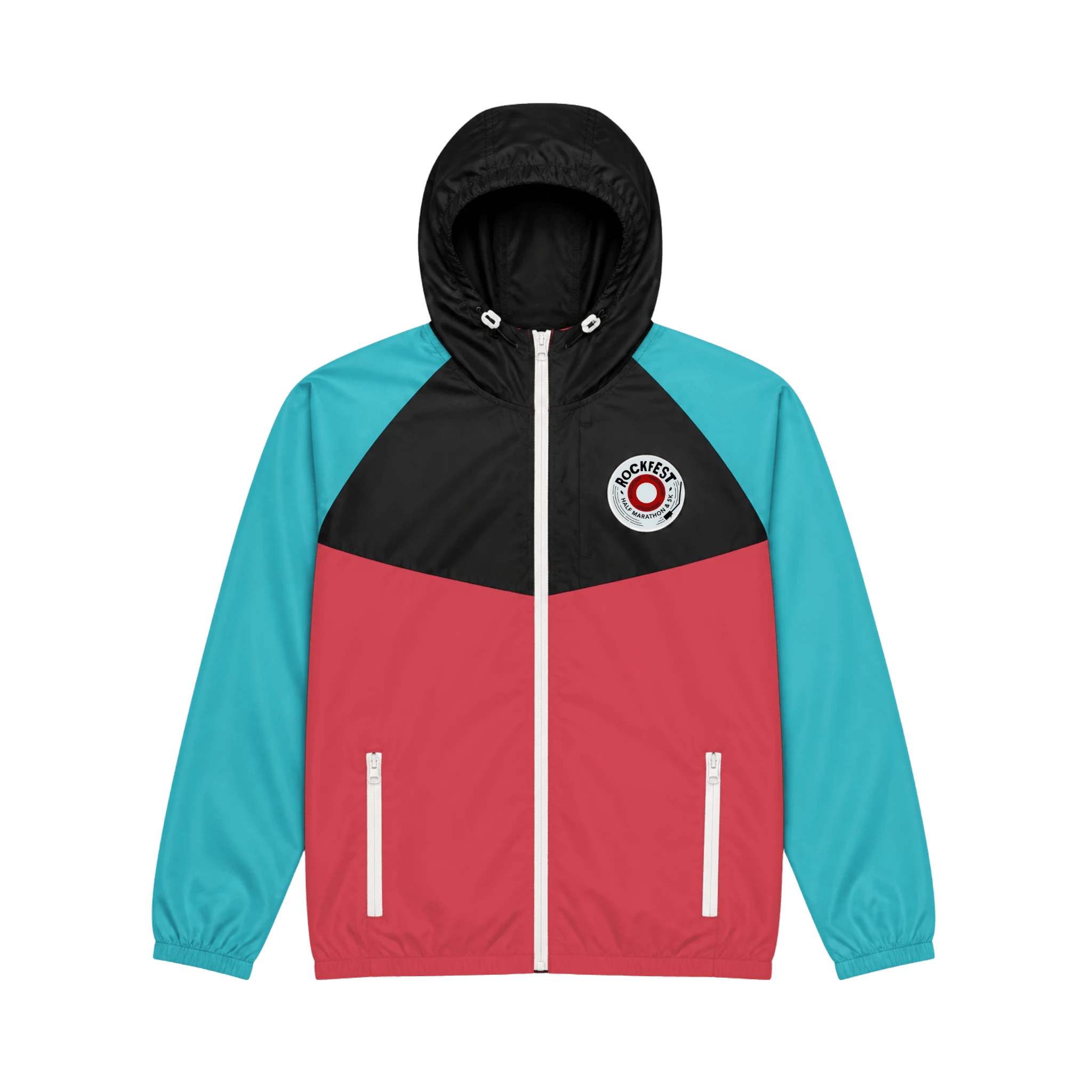 Color-blocked jacket with black, red, and teal sections