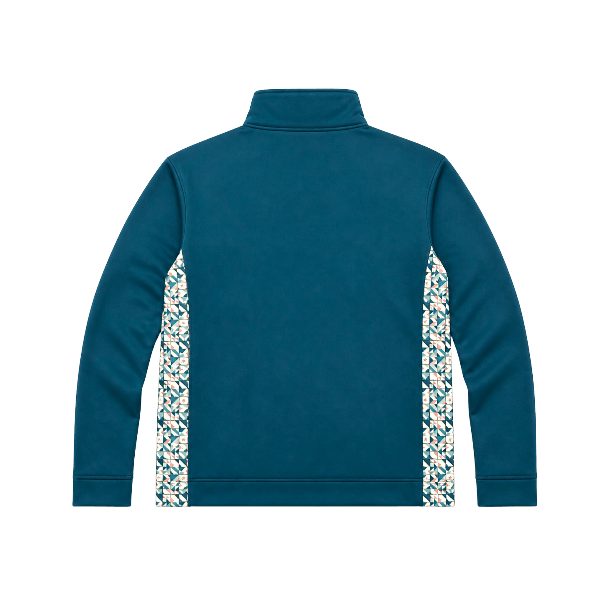 Blue jacket with colorful pattern side panels