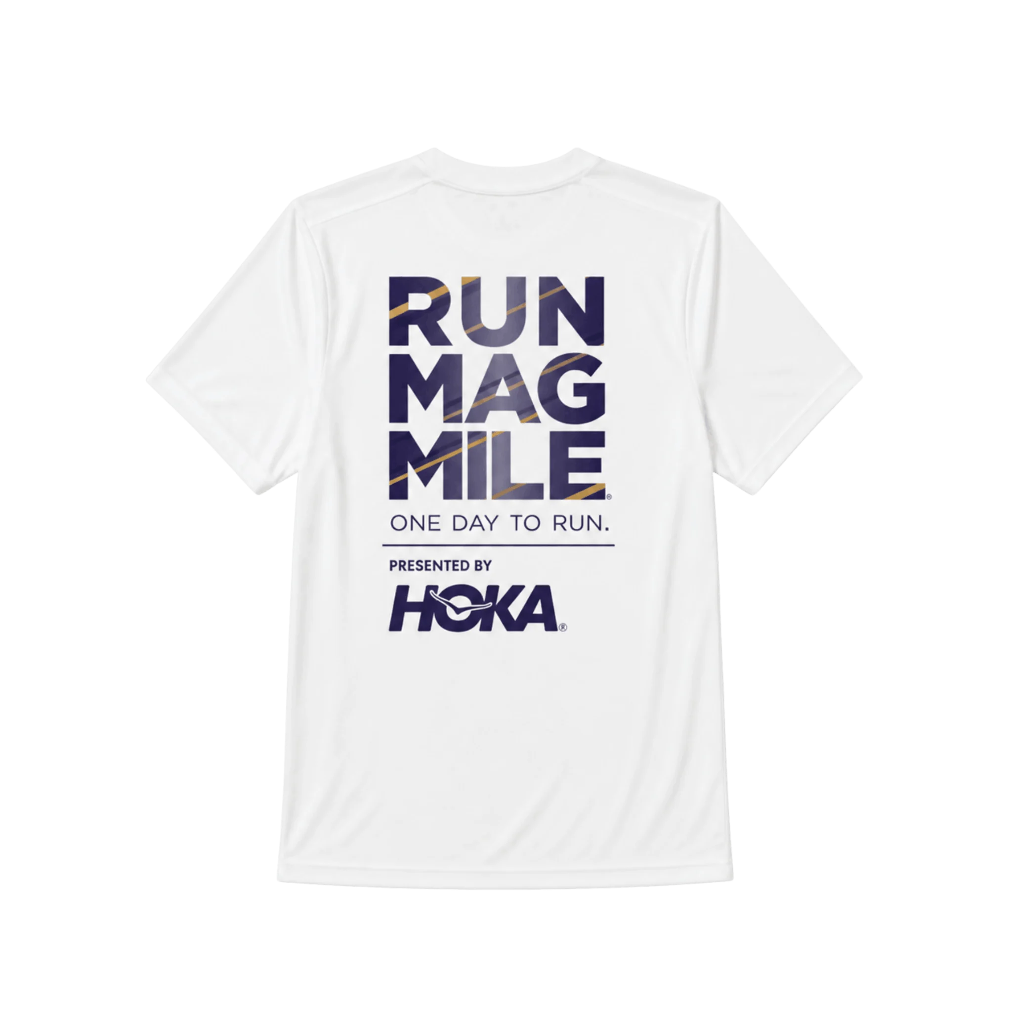 White short-sleeve athletic t-shirt shown from the back, featuring a large graphic print with the text 'RUN MAG MILE' and 'ONE DAY TO RUN.' and 'PRESENTED BY HOKA'