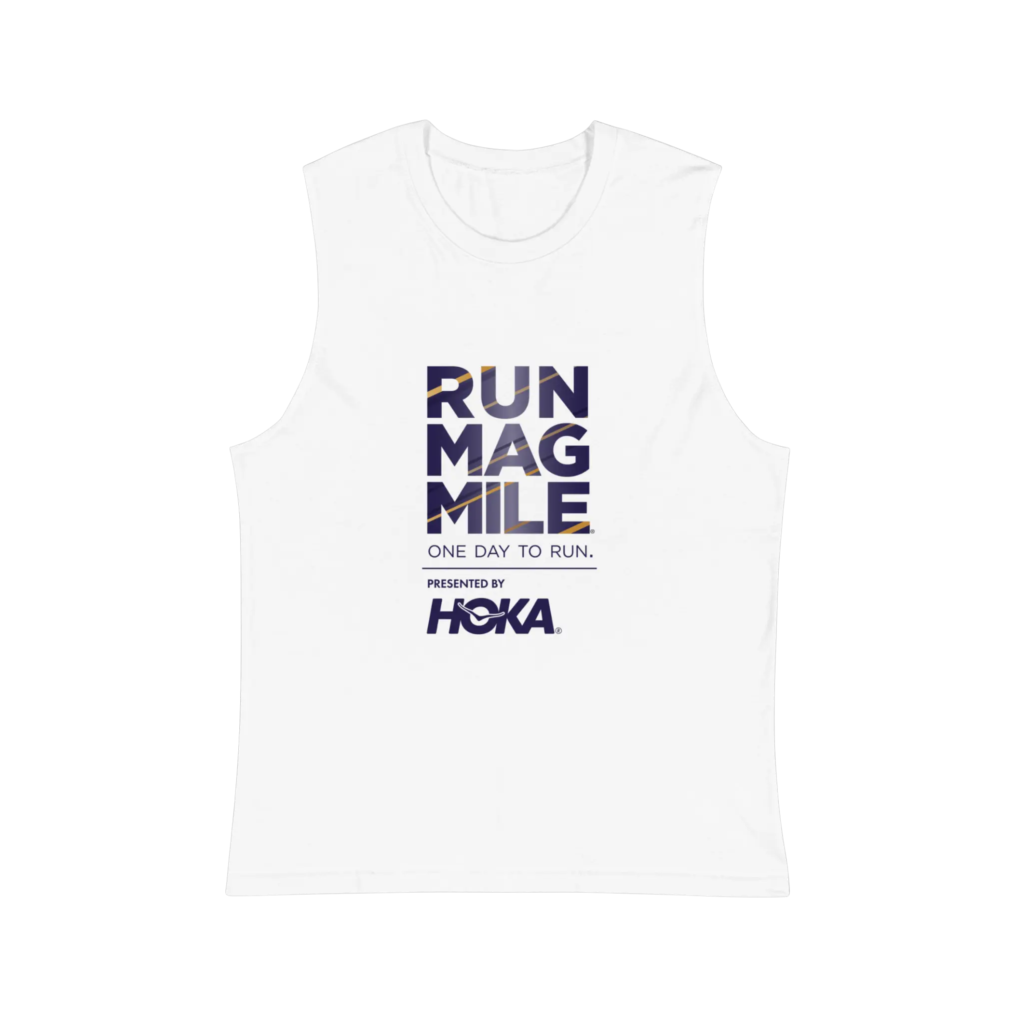 White sleeveless shirt with Run Mag Mile presented by Hoka text