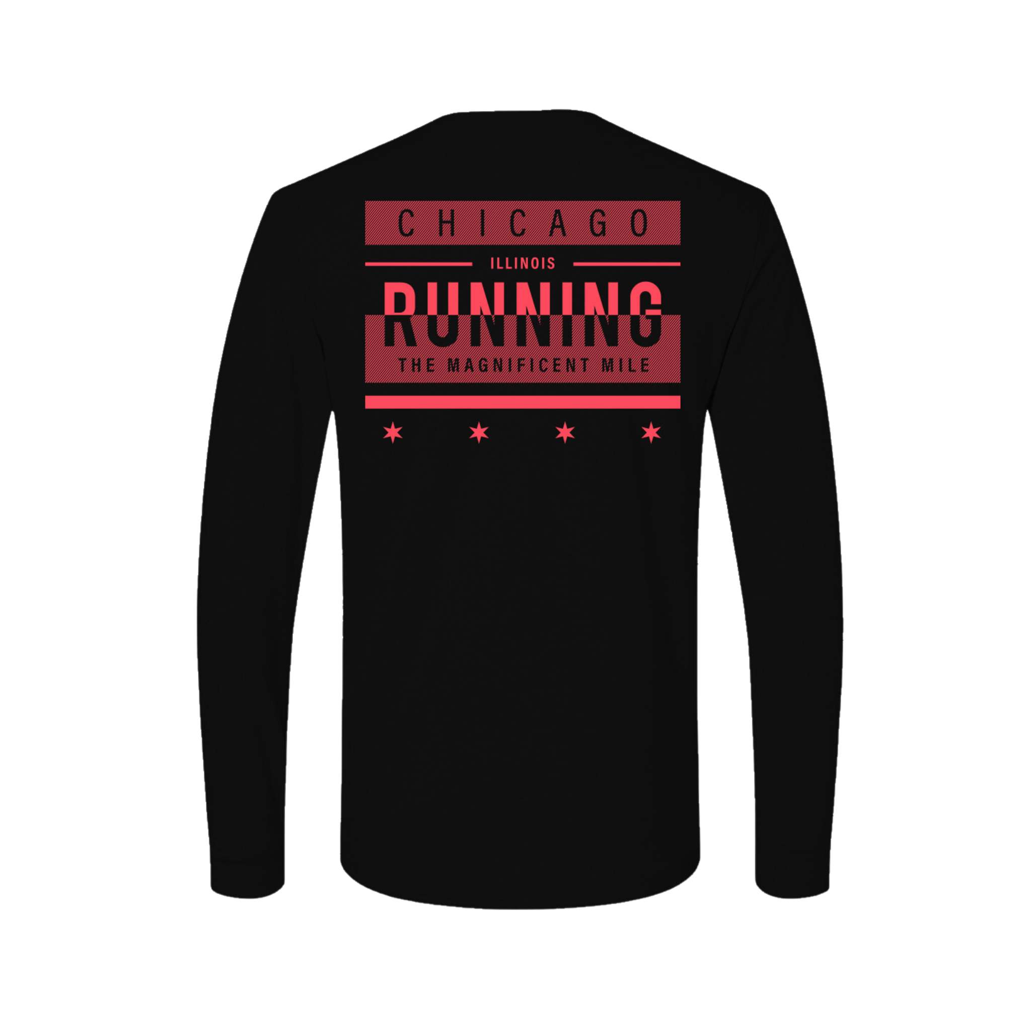 A black long sleeve tee with a pink graphic print on the back that reads 'Chicago Illinois Running The Magnificent Mile'