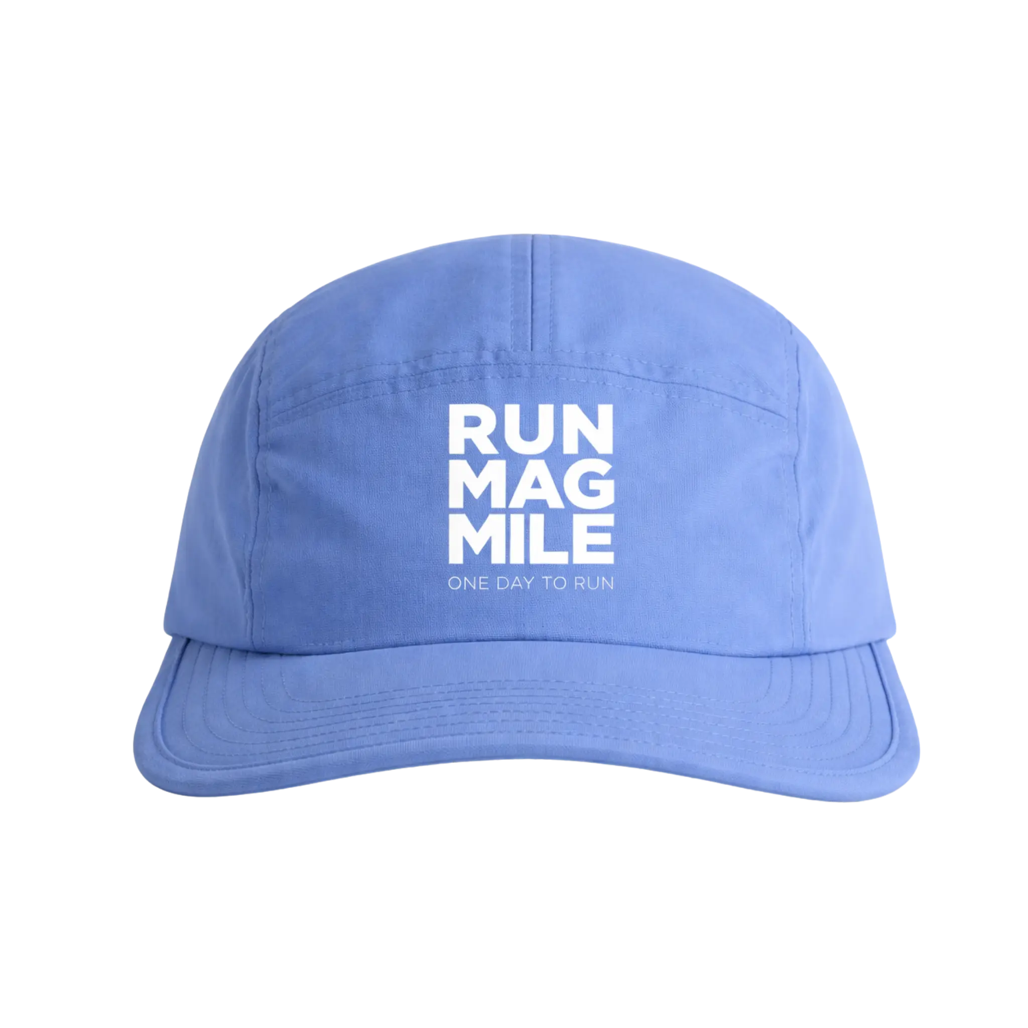 Blue lavender running cap with white Run Mag Mile text