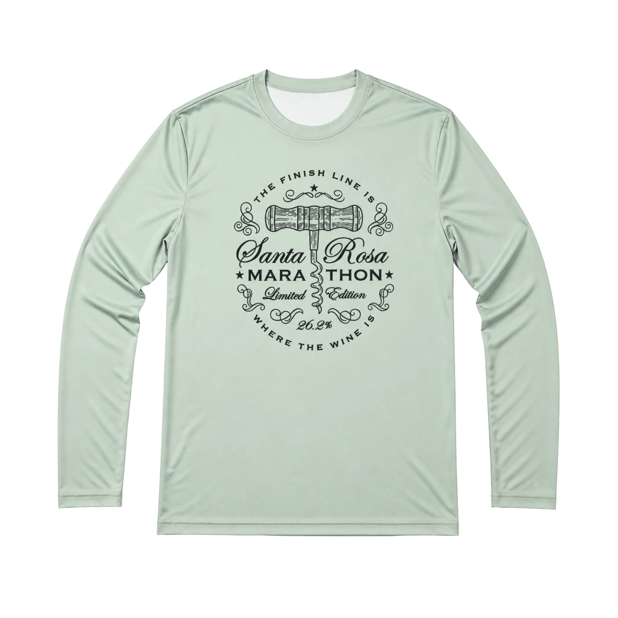 Light green long-sleeve shirt with Santa Rosa Marathon black text and design