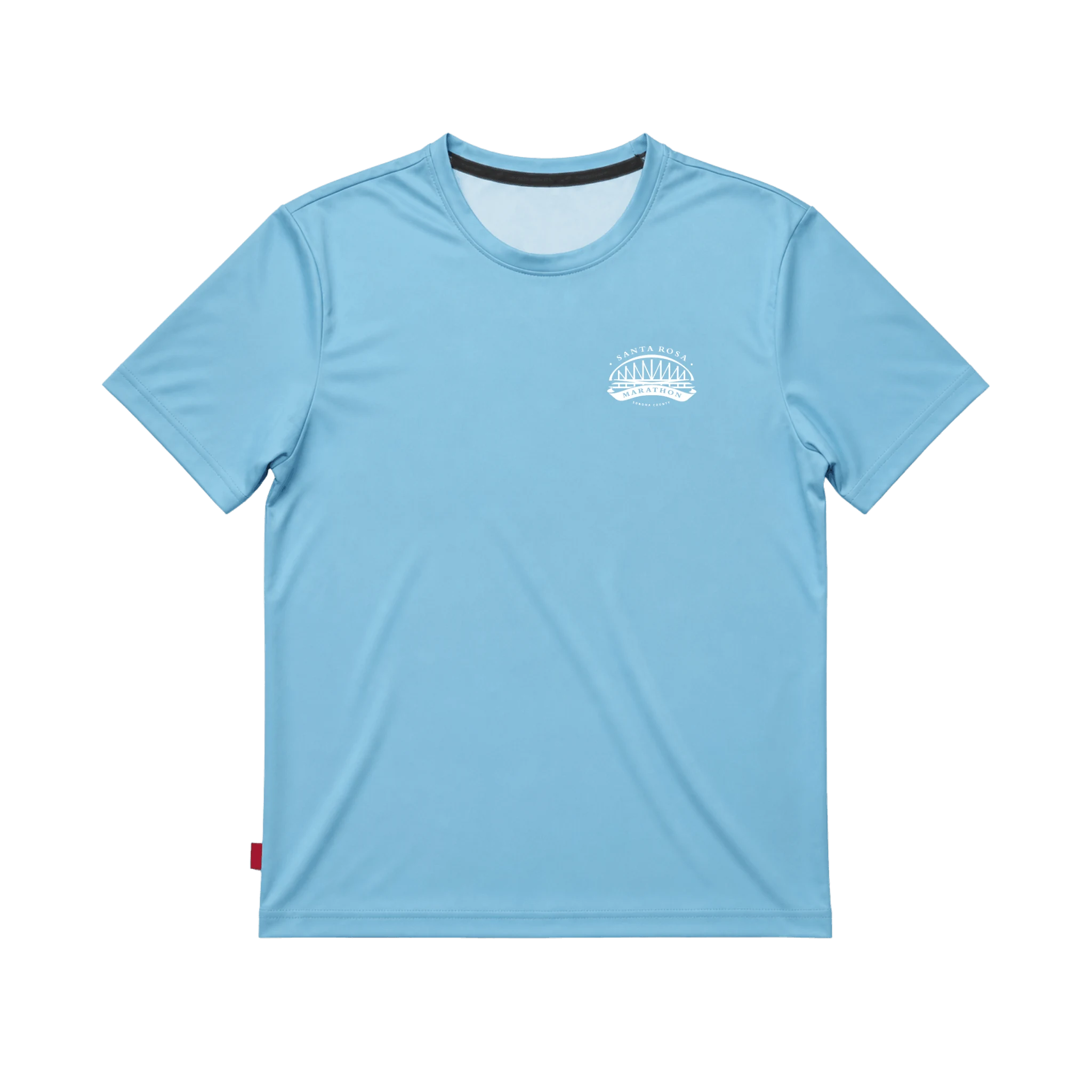 A light blue short-sleeve athletic t-shirt with a small white Santa Rosa Marathon chest graphic