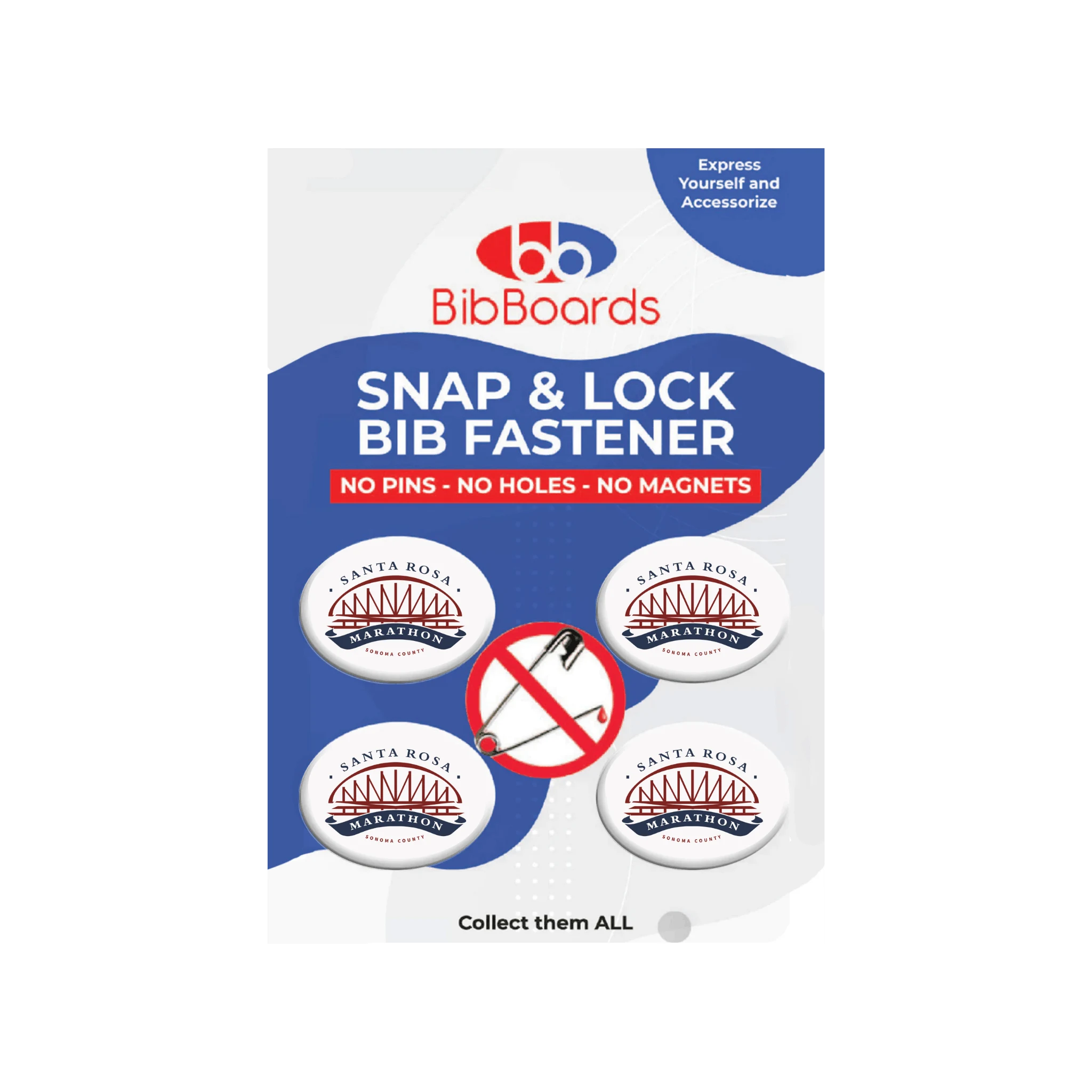 Bib fasteners with Santa Rosa Marathon logos on bibboards card