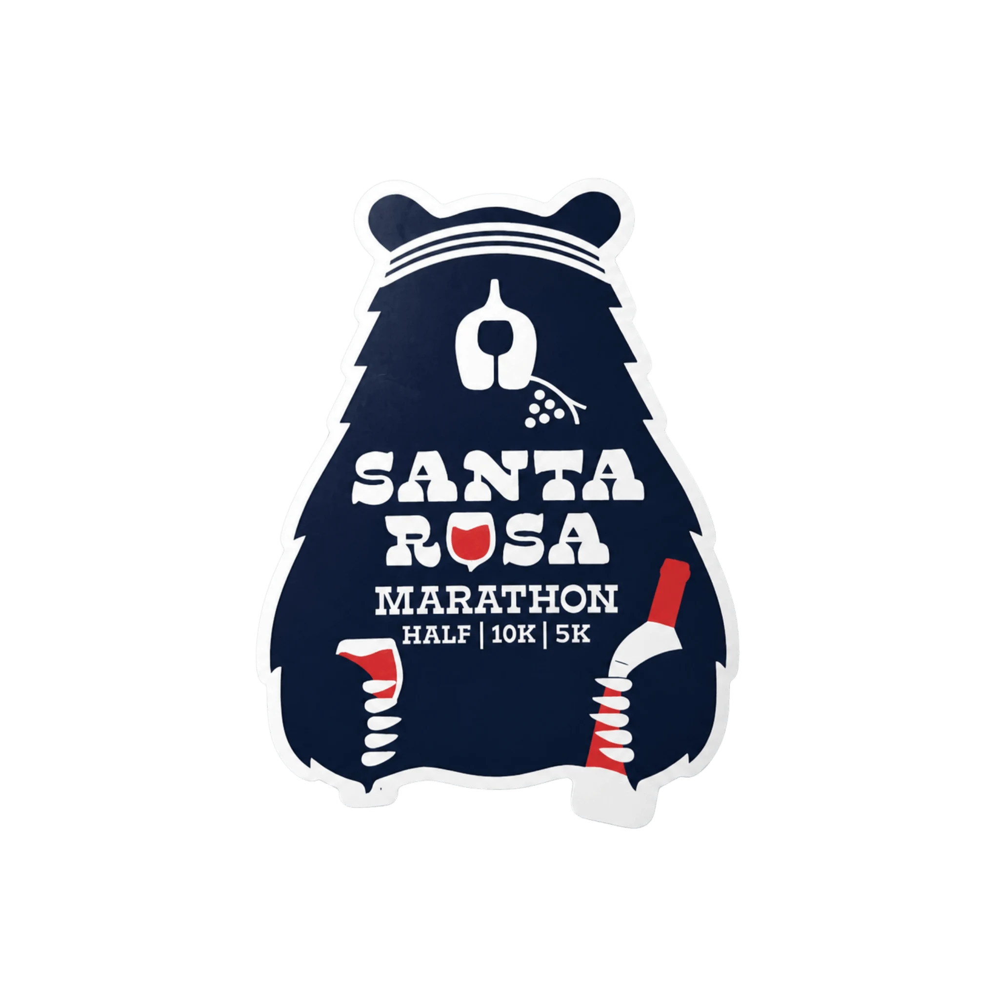 A die-cut magnet shaped like a bear silhouette, featuring the text 'SANTA ROSA MARATHON' and 'HALF | 10K | 5K' in white, with a small red wine glass icon and red-and-white striped accents