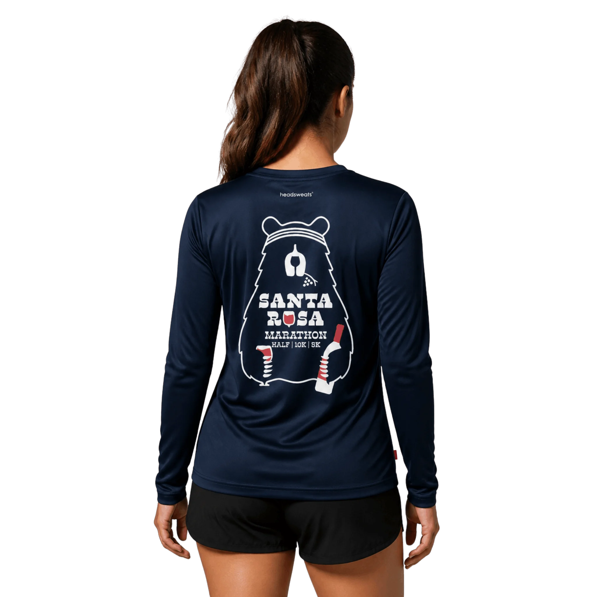 A woman shown from the back wearing a navy long-sleeve athletic shirt with a large Santa Rosa Marathon graphic on the back