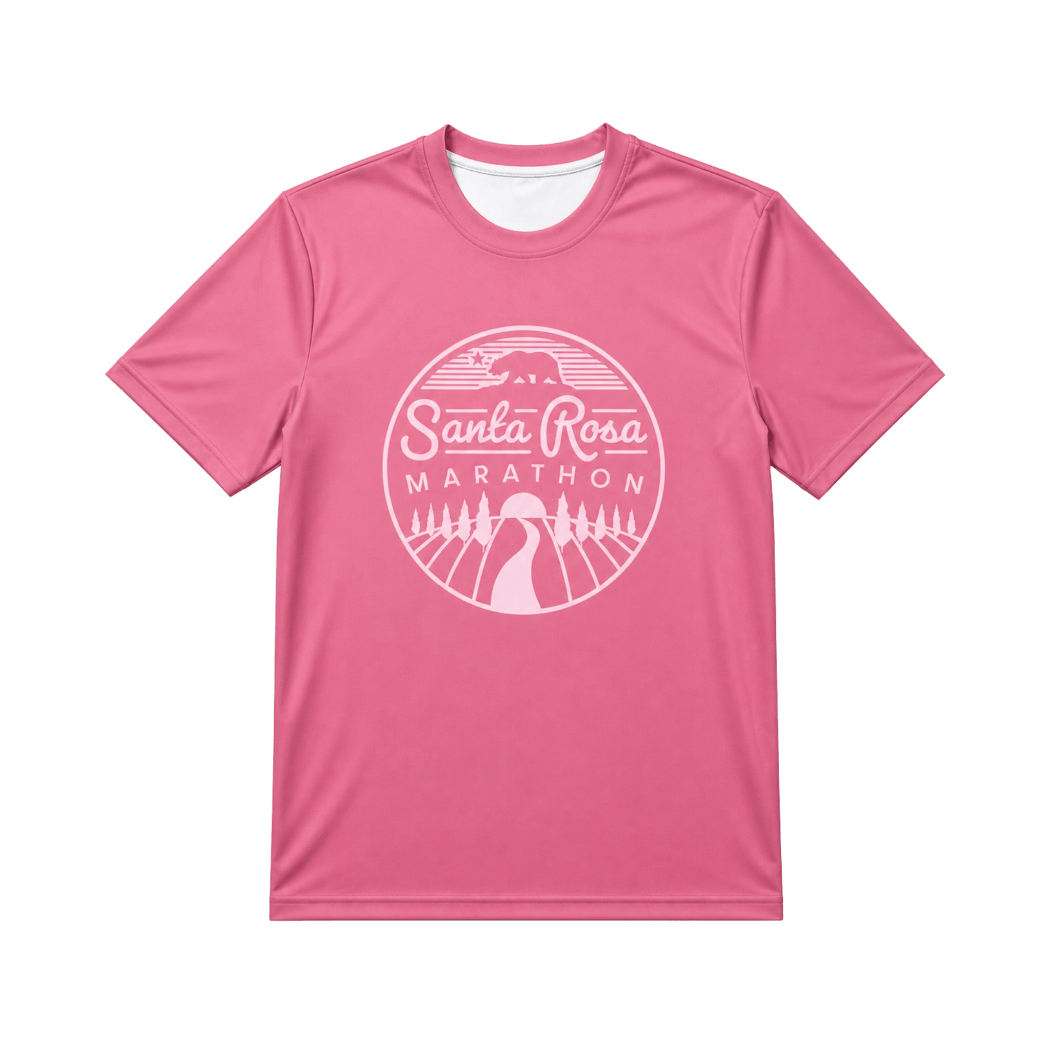 Pink t-shirt with 'Santa Rosa Marathon' logo