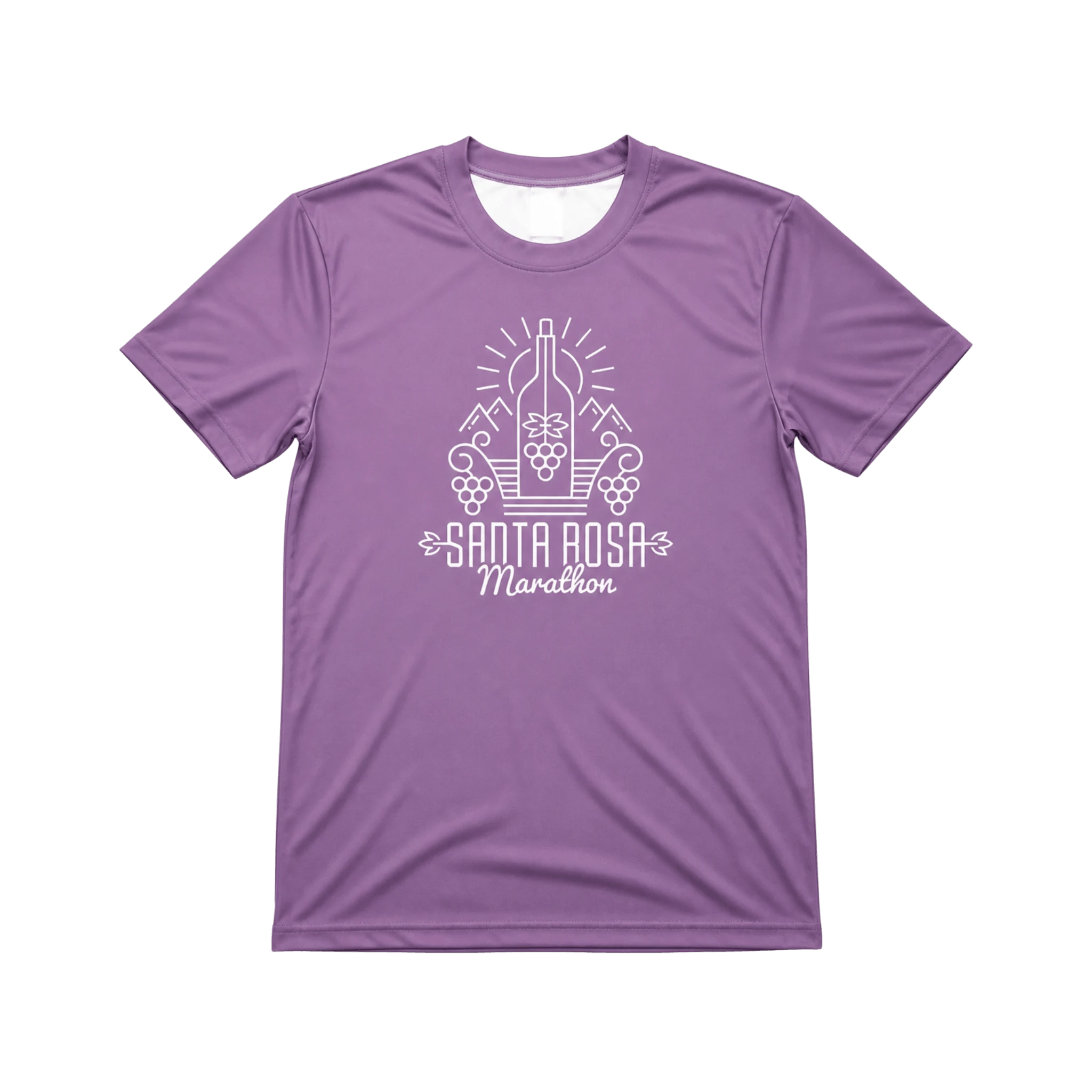 Purple t-shirt with white Santa Rosa Marathon graphic and text
