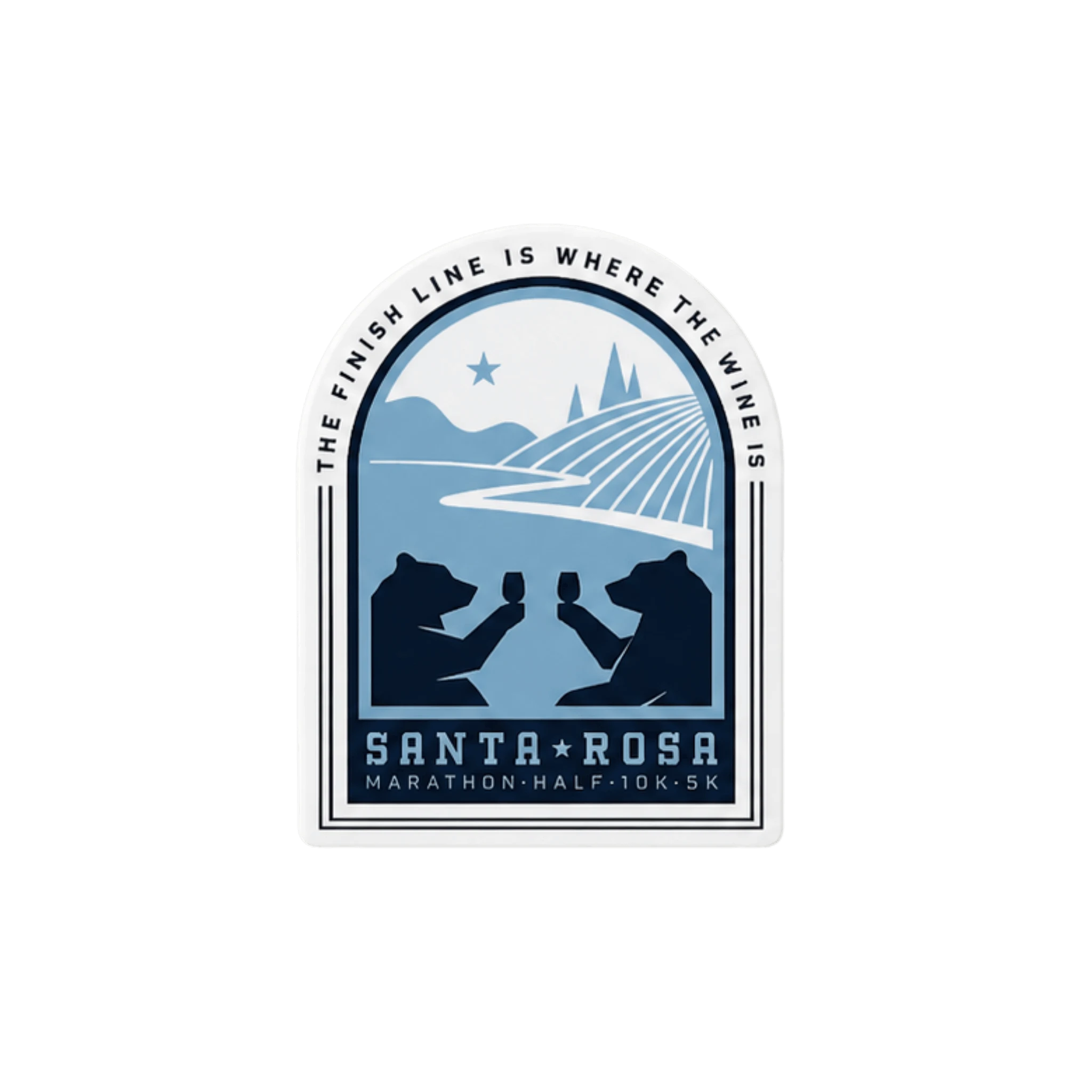 A die-cut sticker featuring a stylized Santa Rosa Marathon graphic with two bears clinking wine glasses, a vineyard, and the text 'THE FINISH LINE IS WHERE THE WINE IS' and 'SANTA ROSA MARATHON HALF 10K 5K'.
