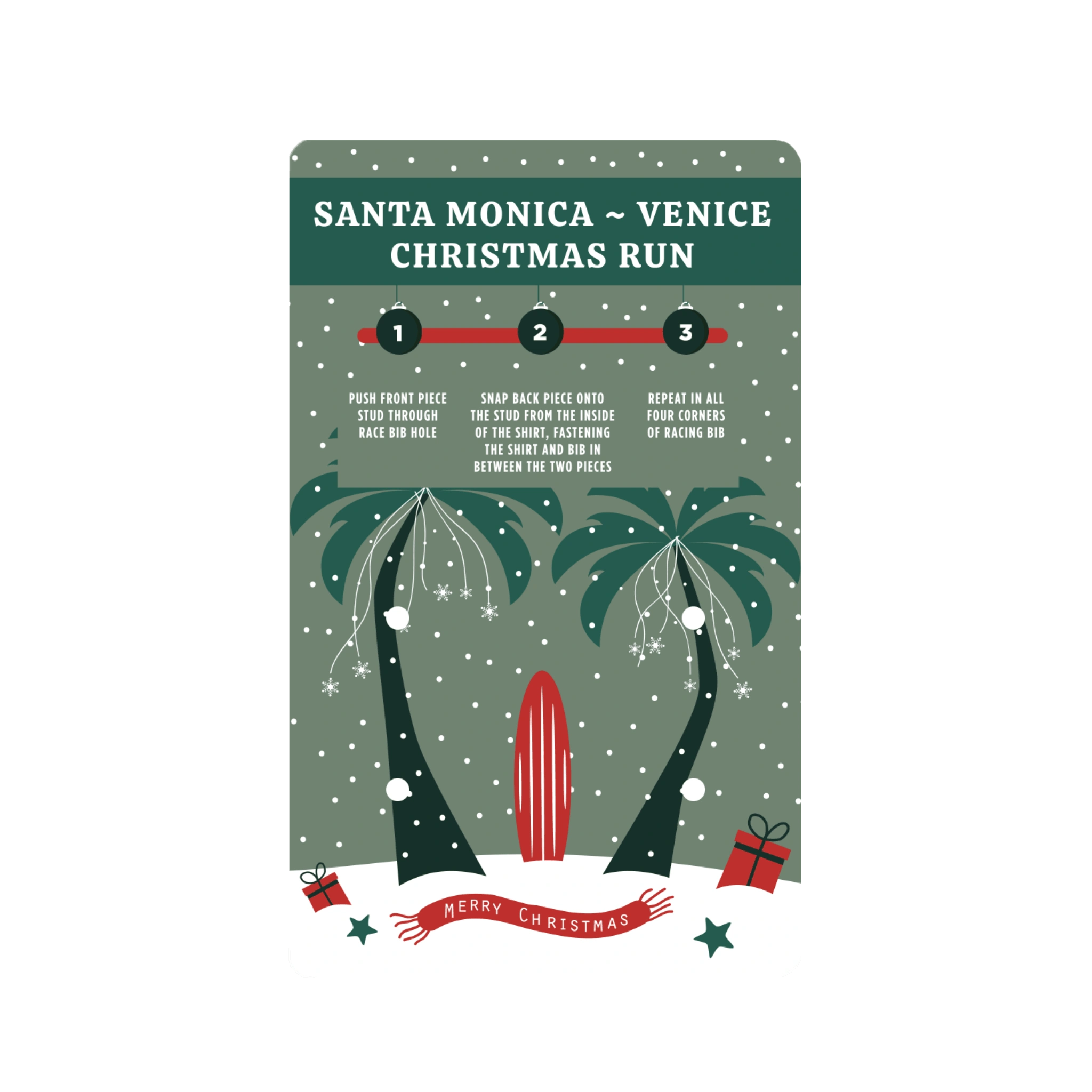 Packaging of Santa Monica Venice Christmas Run bib fasteners with festive designs and text