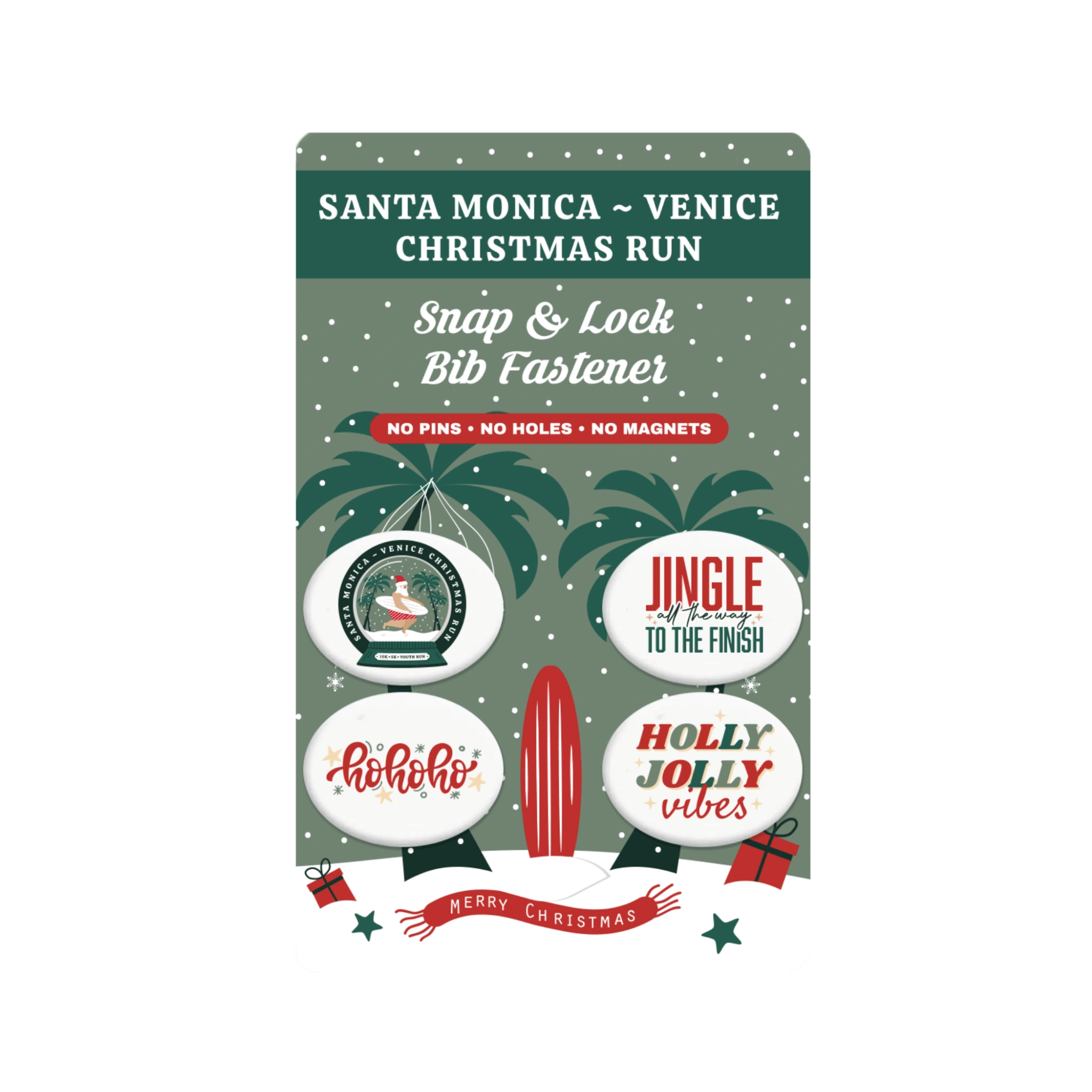Packaging of Santa Monica Venice Christmas Run bib fasteners with festive designs and text