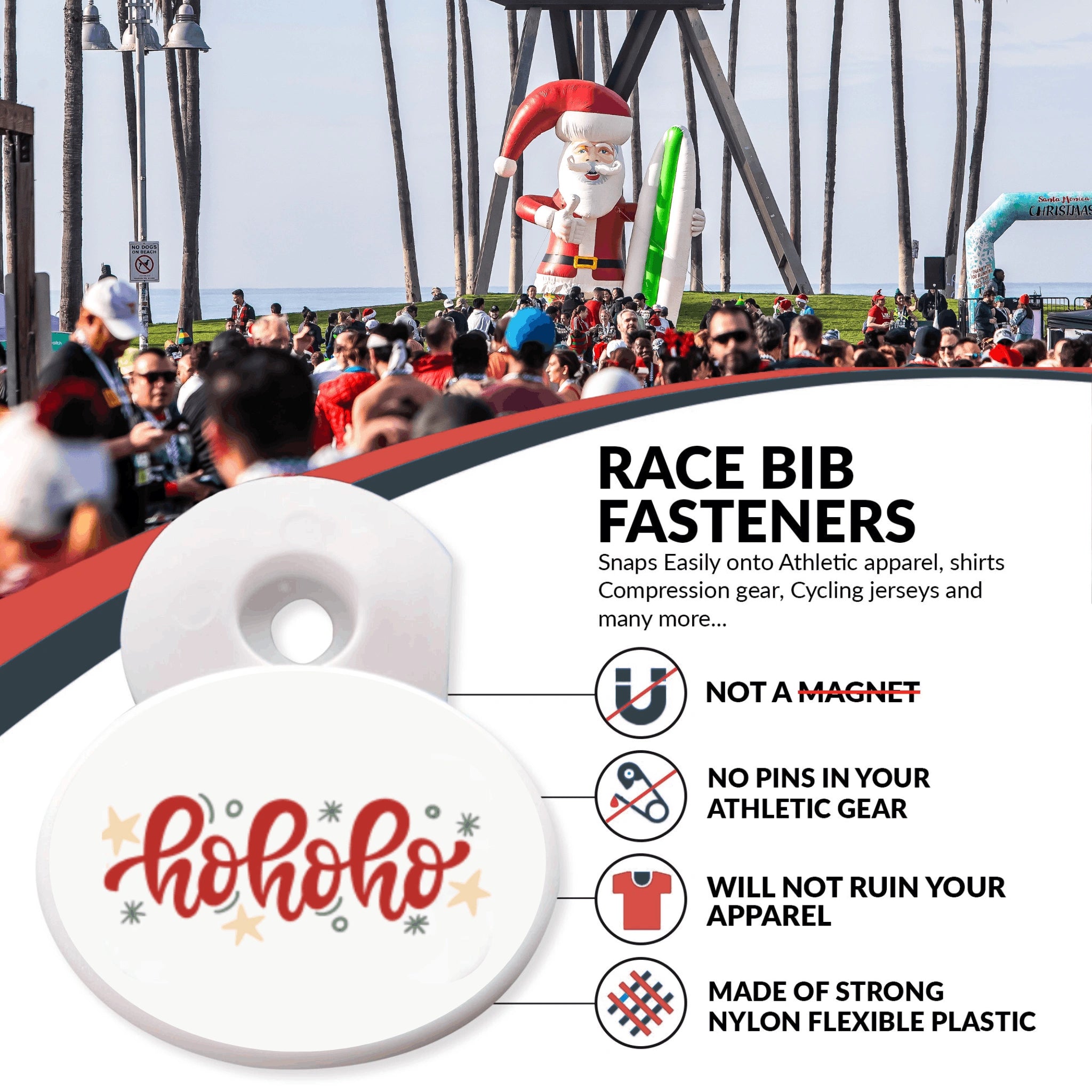 Race bib fastener with 'ho ho ho' text in front of a festive background with informational text