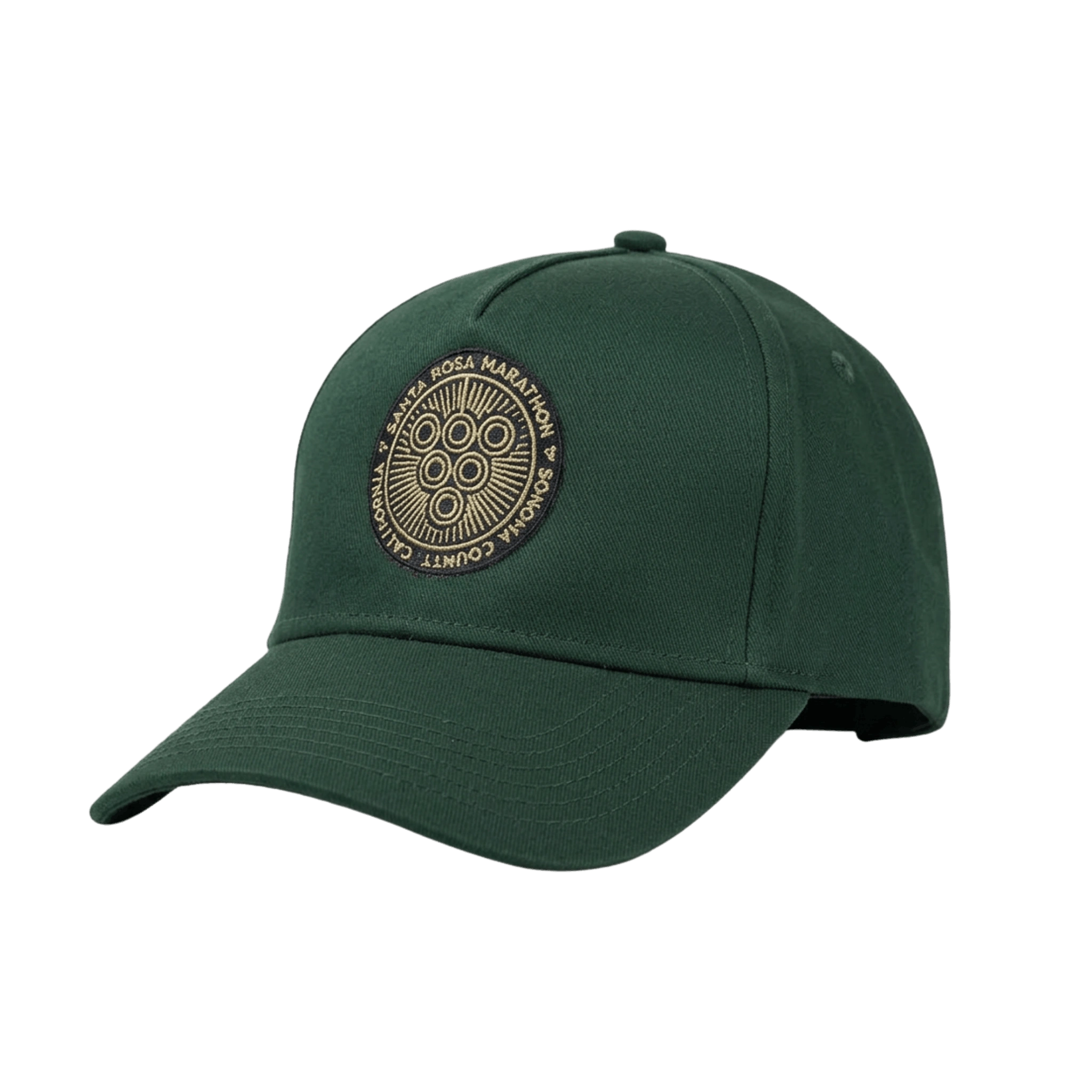 Green hat with Santa Rosa Marathon gold front geometric grape logo