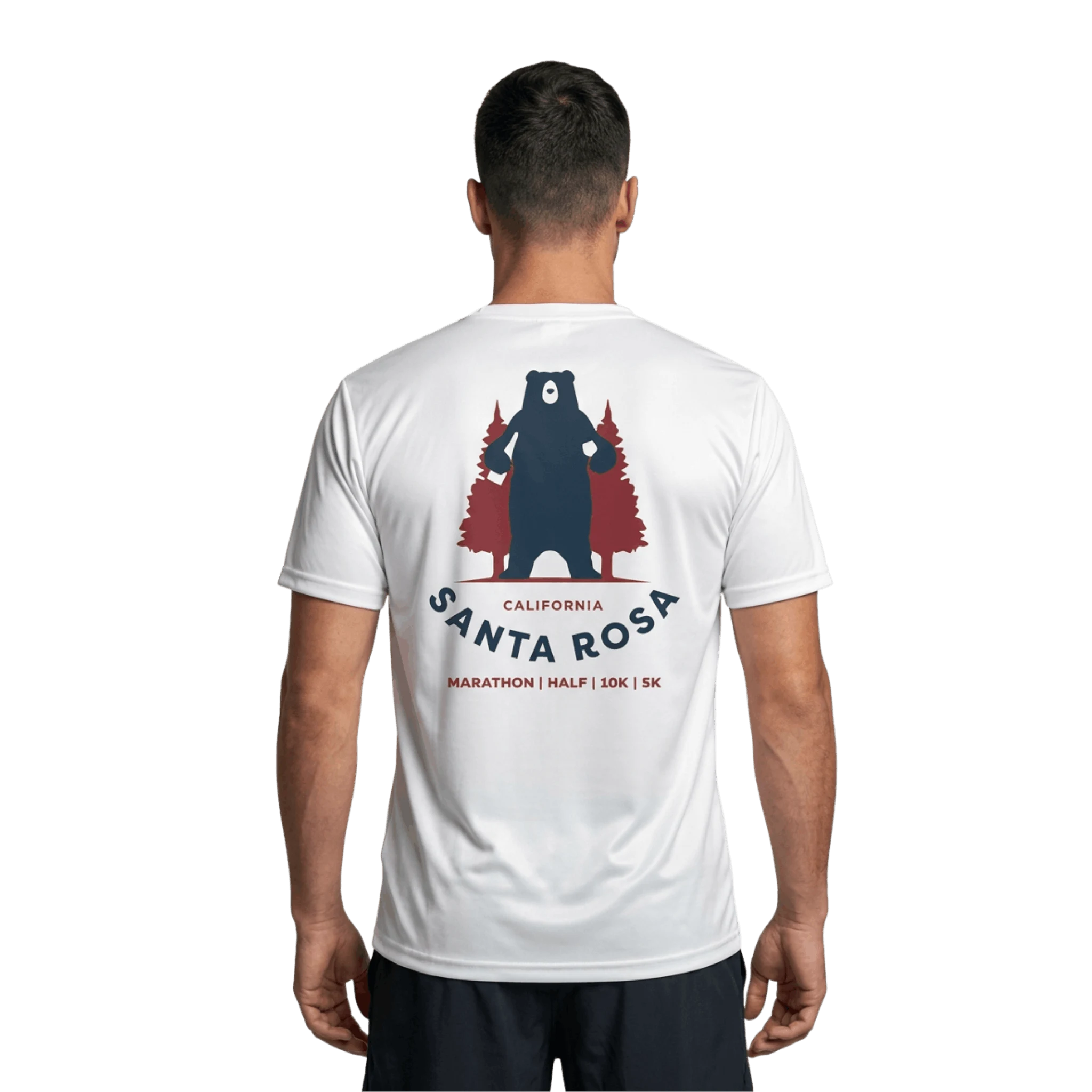 Person wearing a white t-shirt with a bear graphic and Santa Rosa Marathon text