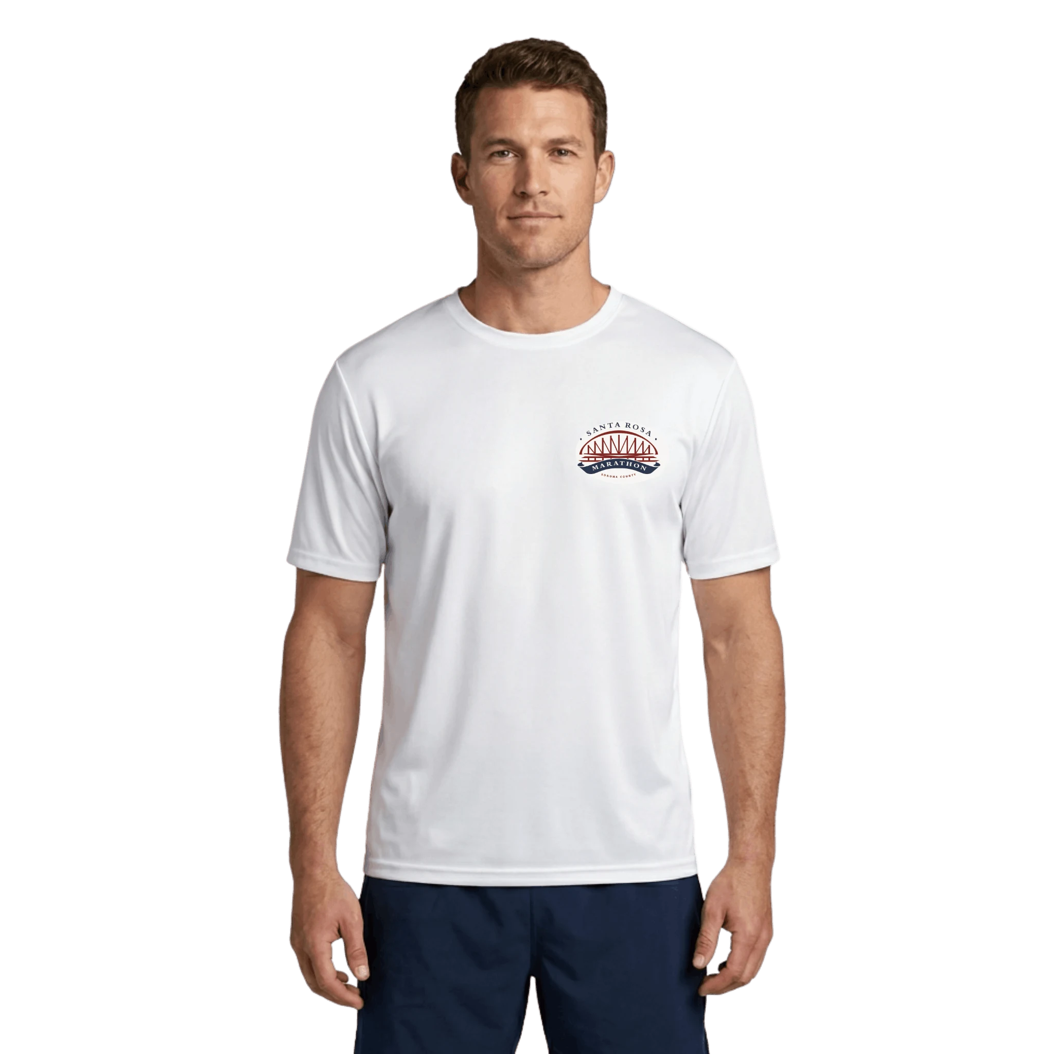 Man wearing a white t-shirt with a Santa Rosa Marathon logo