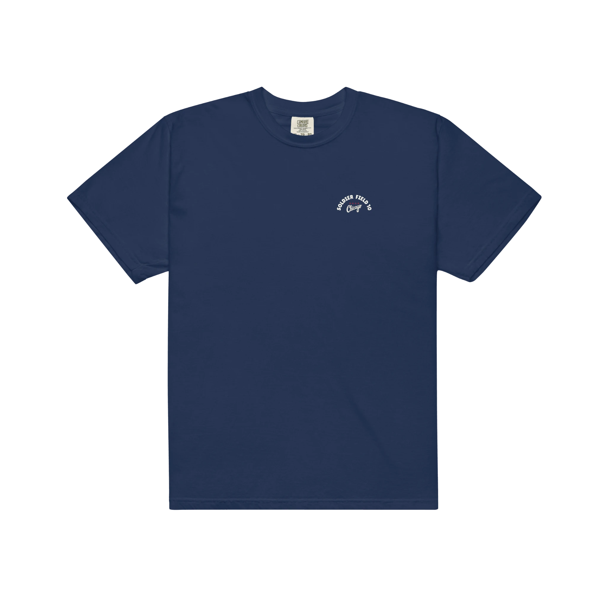 Navy blue t-shirt with a small Soldier Field 10 white logo