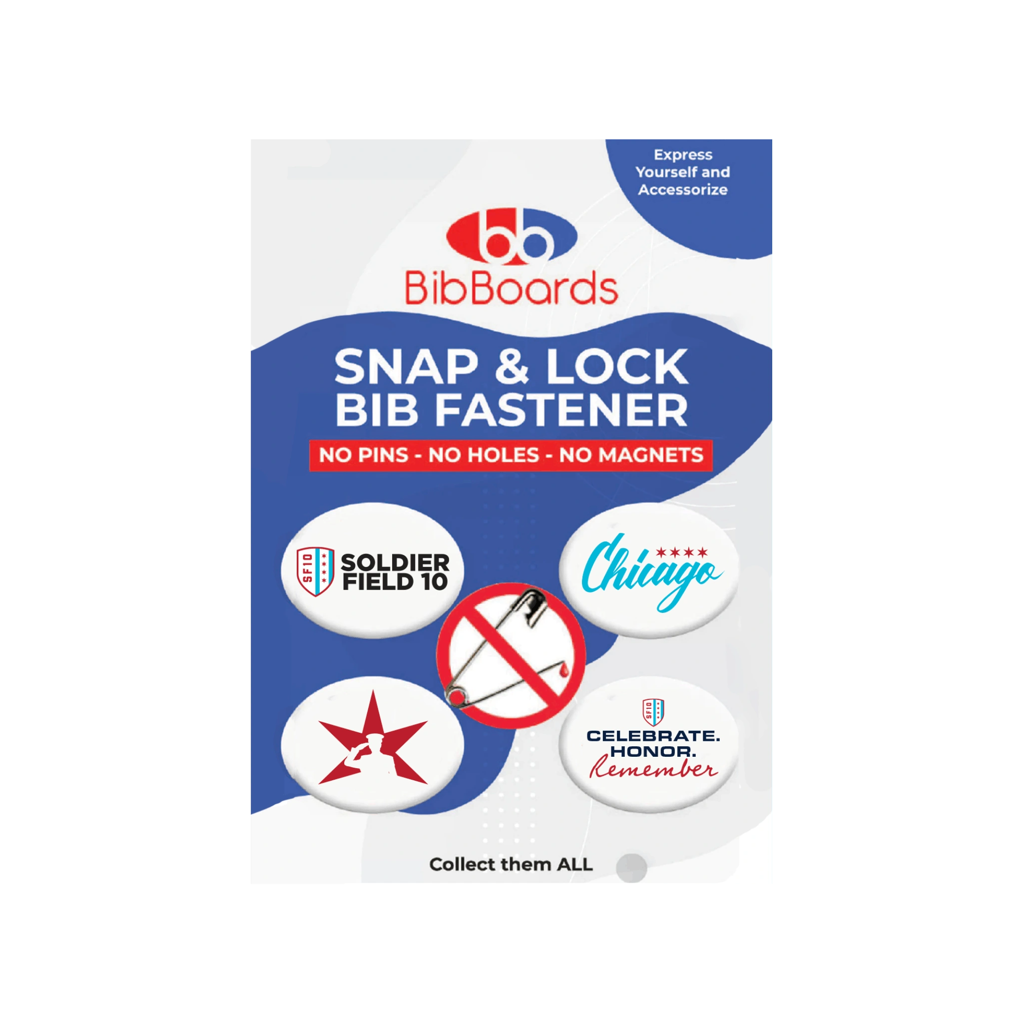 Packaging of BibBoards Snap & Lock Bib Fastener with Soldier Field 10 event designs