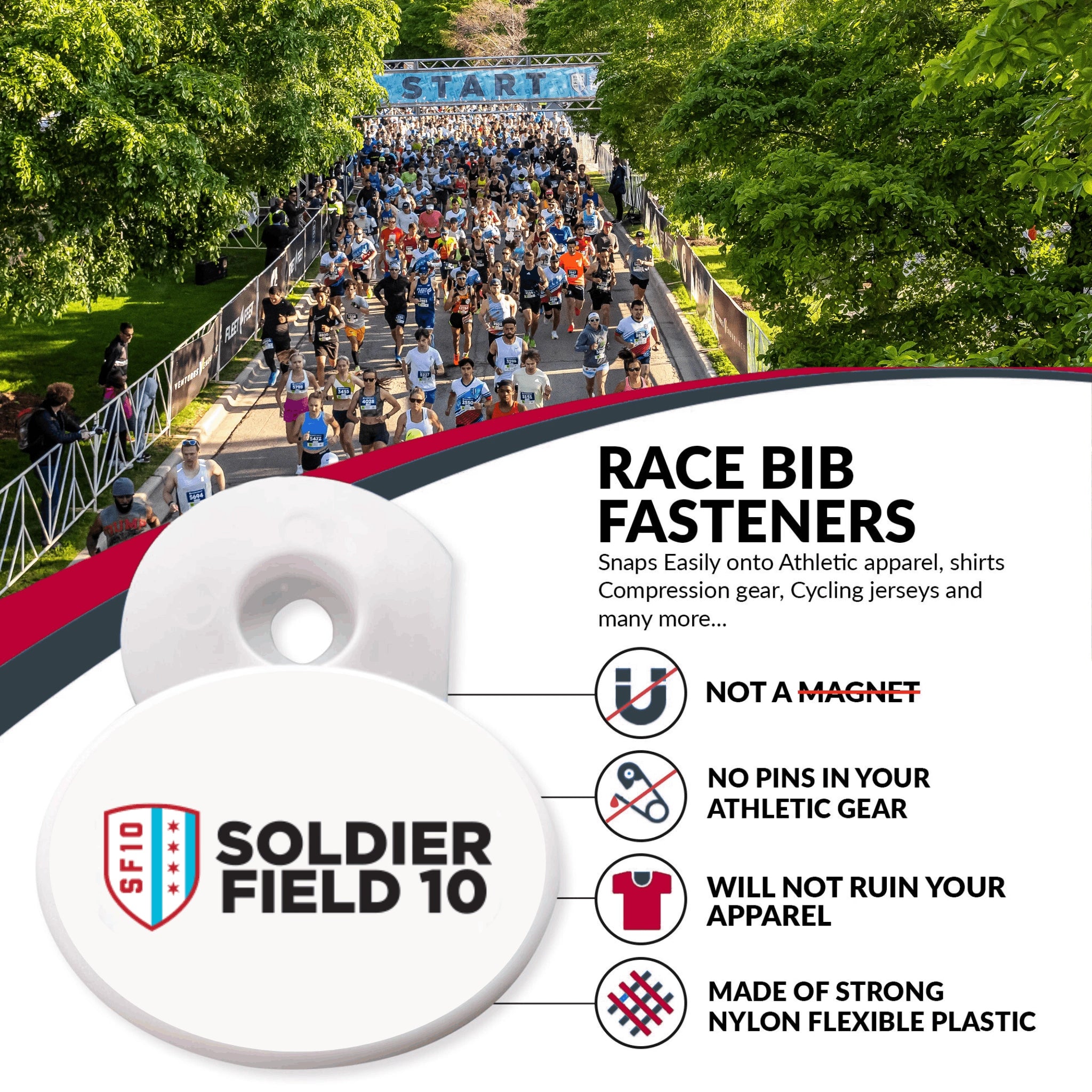 Race bib fasteners with Soldier Field 10 branding and race bib display background