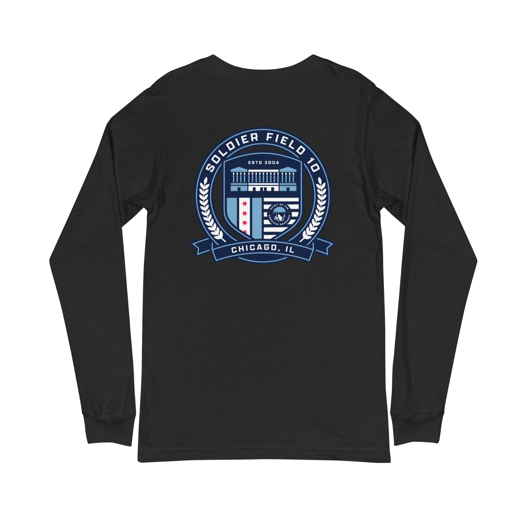 A black long sleeve tee with a graphic detail on the back featuring the Soldier Field 10 logo