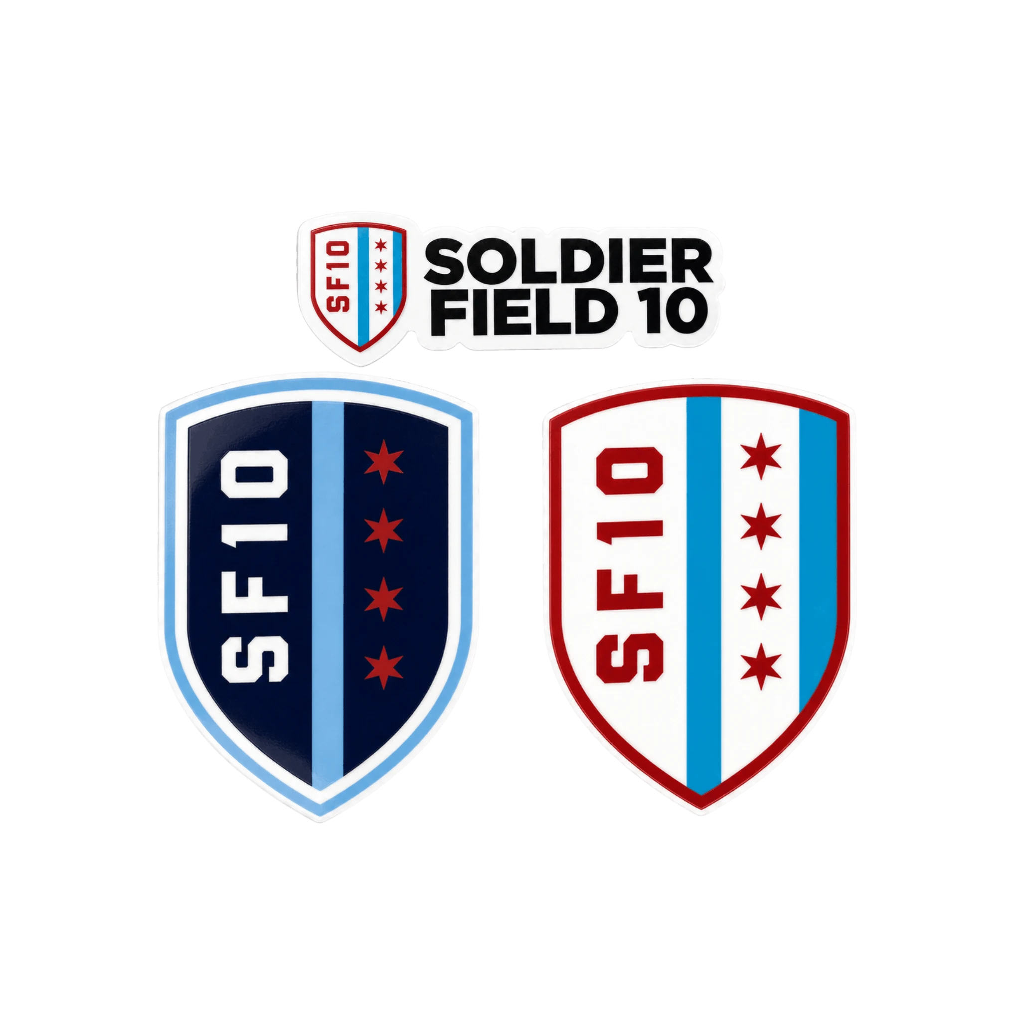 Three stickers with Soldier Field 10 and SF10 text on red, white and blue shield designs