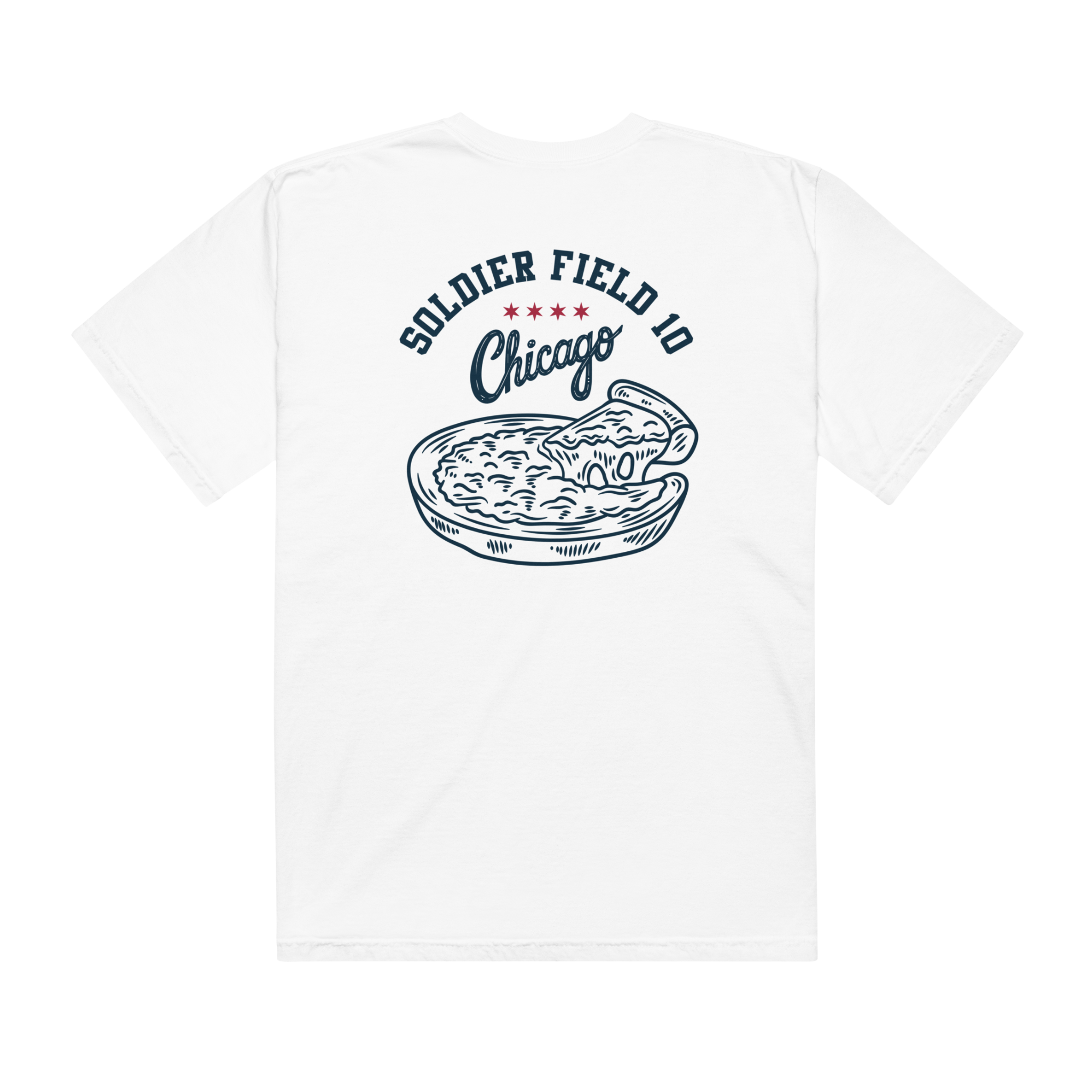 A white t-shirt with a graphic print of a pizza slice and the text 'SOLDIER FIELD 10 CHICAGO' on the back.