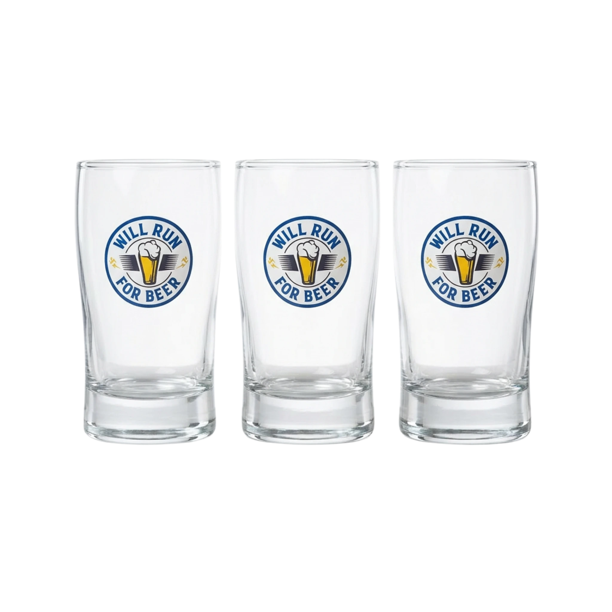 Three clear glasses with 'Will Run for Beer' logo
