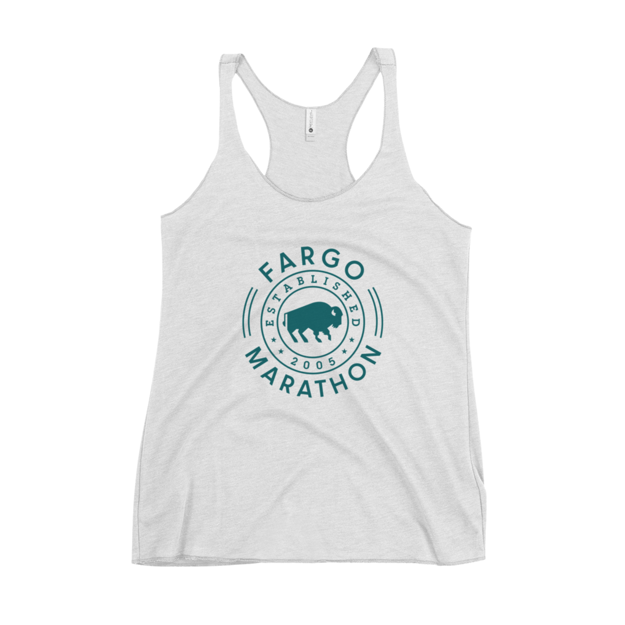 A women's white tank top with chest print that reads 'Fargo Marathon' surrounded by a circular blue and green design with a bison