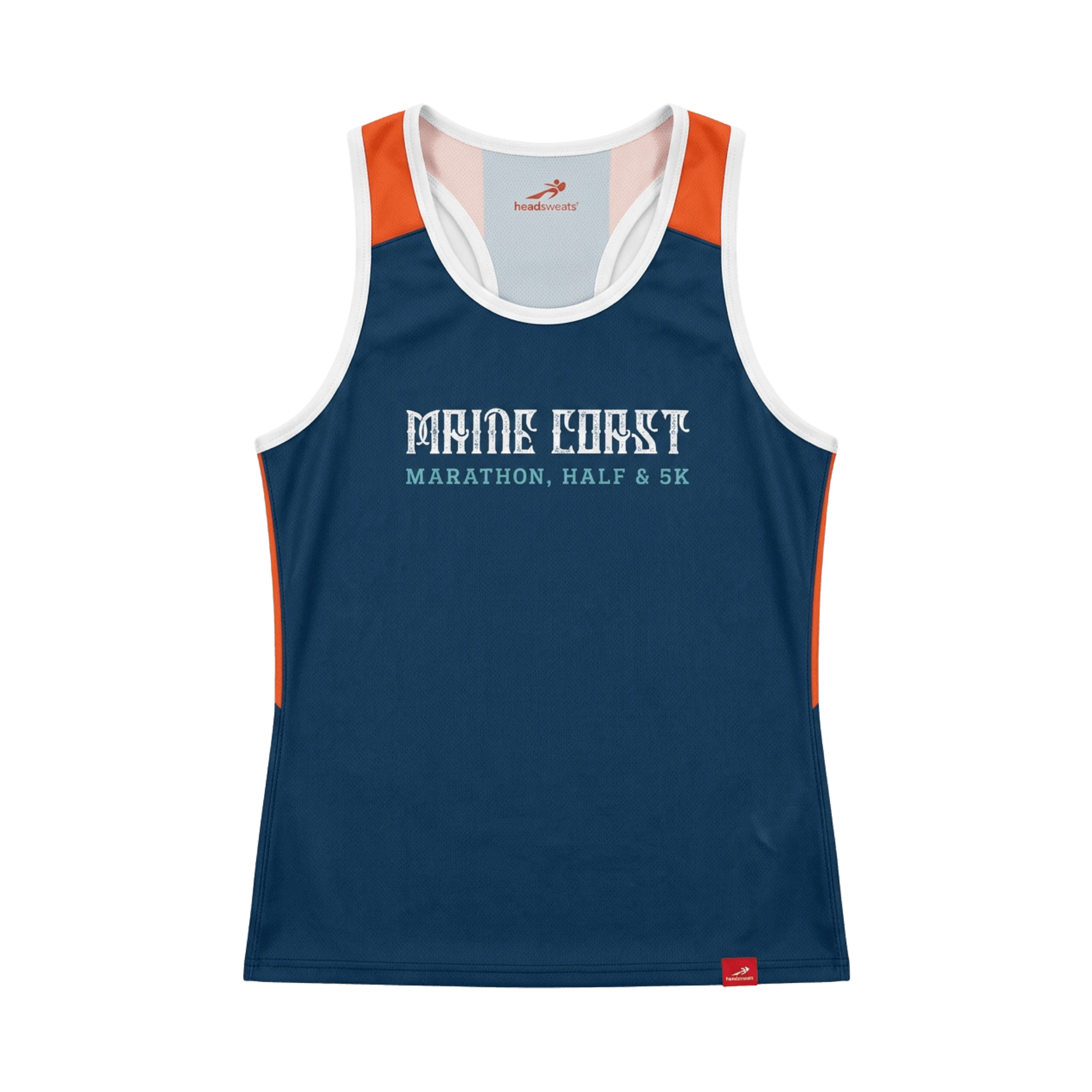 Navy tank top with orange accents and 'Maine Coast Marathon, Half & 5K' text