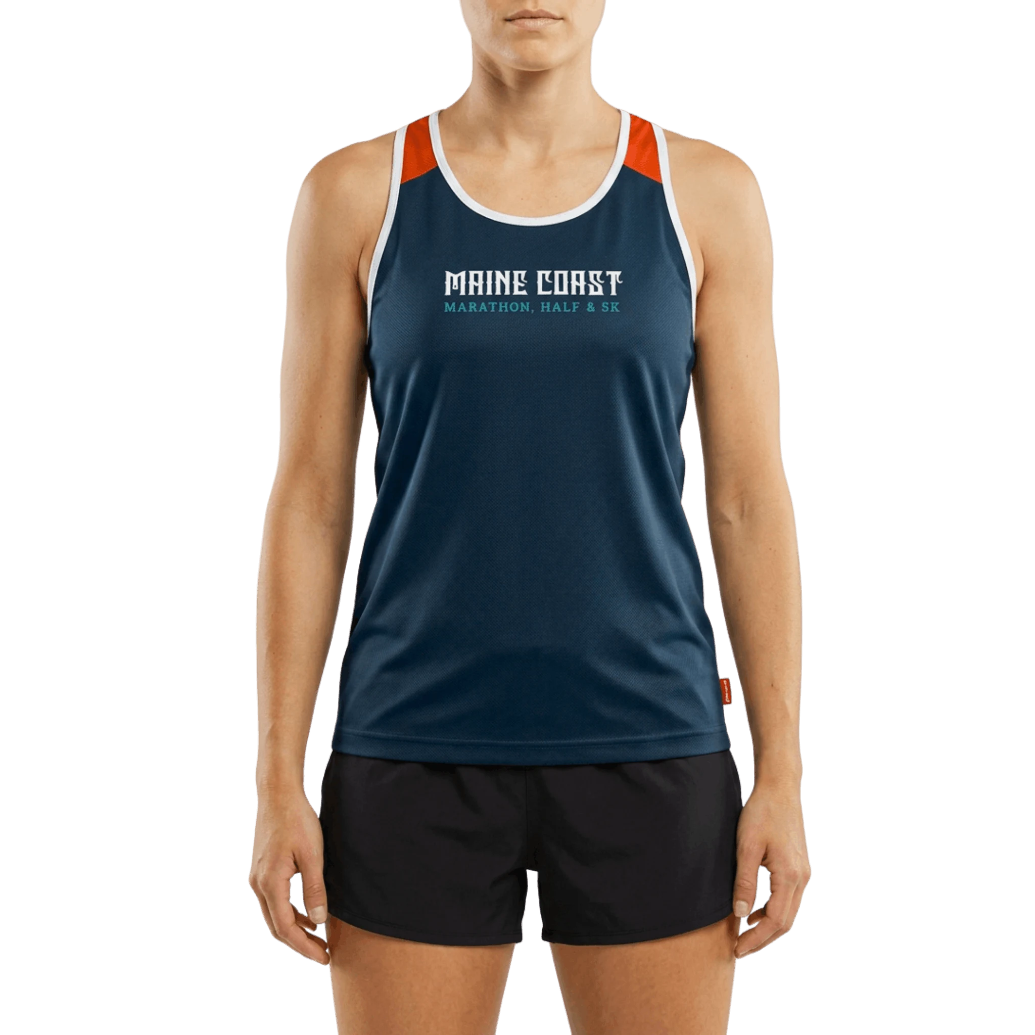 Person wearing a navy tank top with 'Maine Coast Marathon, Half & 5K' text