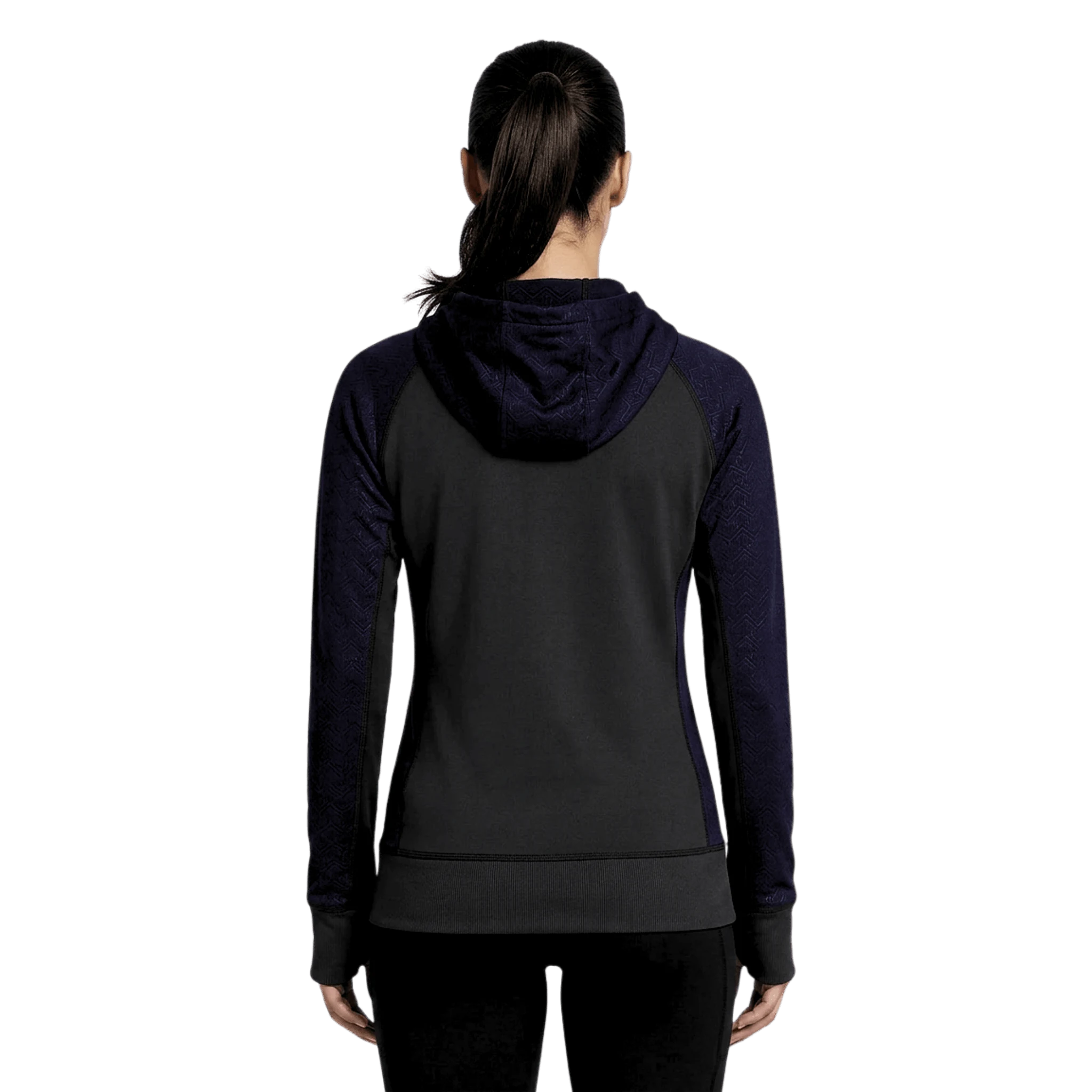 Person wearing a black and purple hoodie from the back