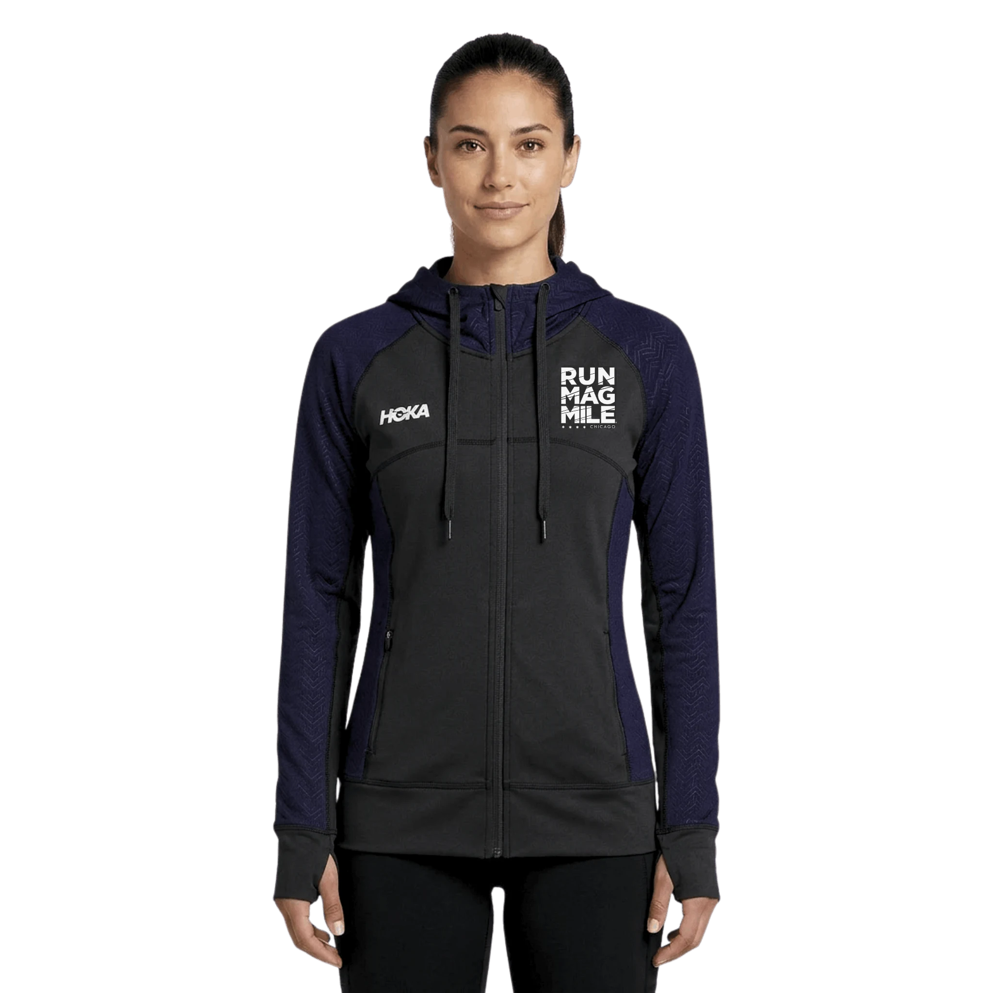Woman wearing a black and purple hoodie with 'Hoka' and 'Run Mag Mile' logos
