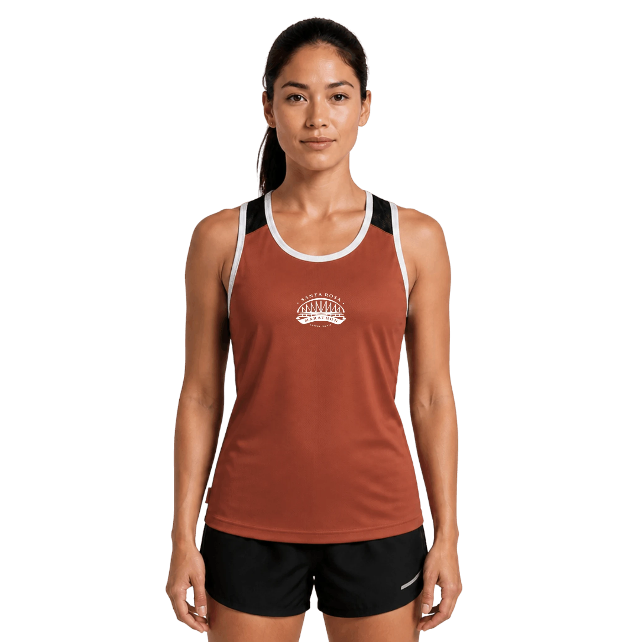 A woman modeling a rust-orange athletic tank top with white and navy blue trim, featuring a white Santa Rosa Marathon logo on the chest