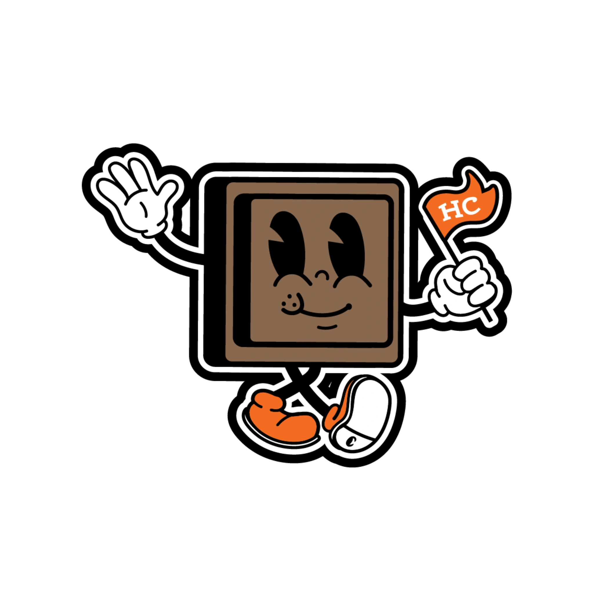 Chocolate square cartoon character with head, arms, and legs holding an 'HC' flag