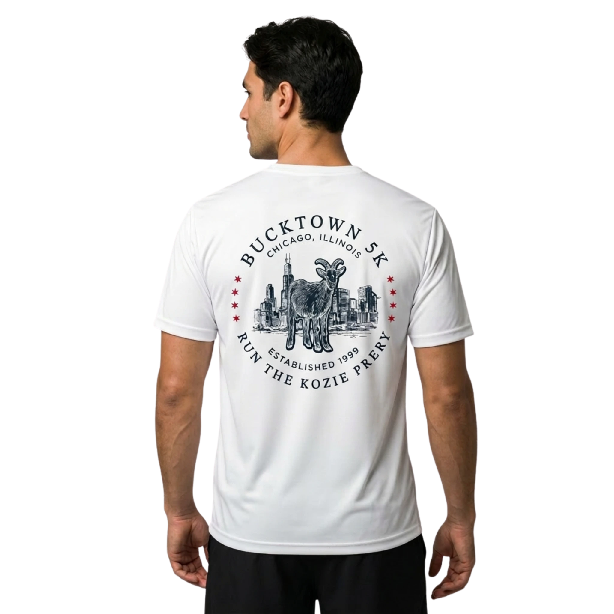 Man wearing a white t-shirt with a Bucktown 5K graphic design on the back 