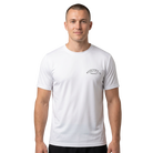Man wearing a white t-shirt with a Bucktown 5K logo on the left chest