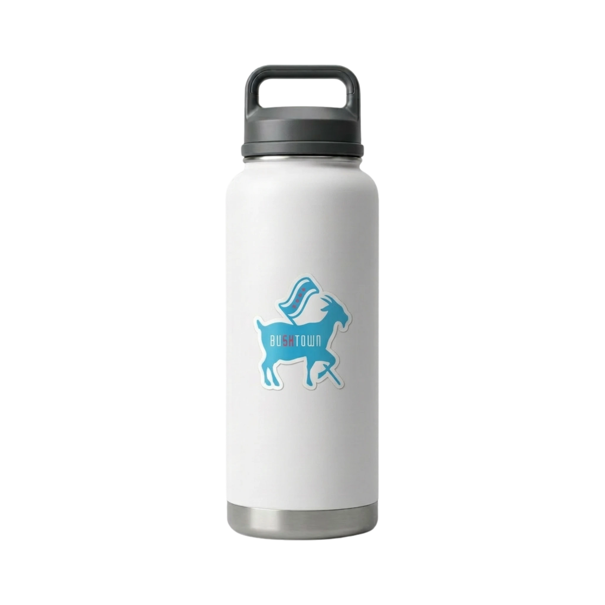 White water bottle with a blue Bucktown 5K goat logo 