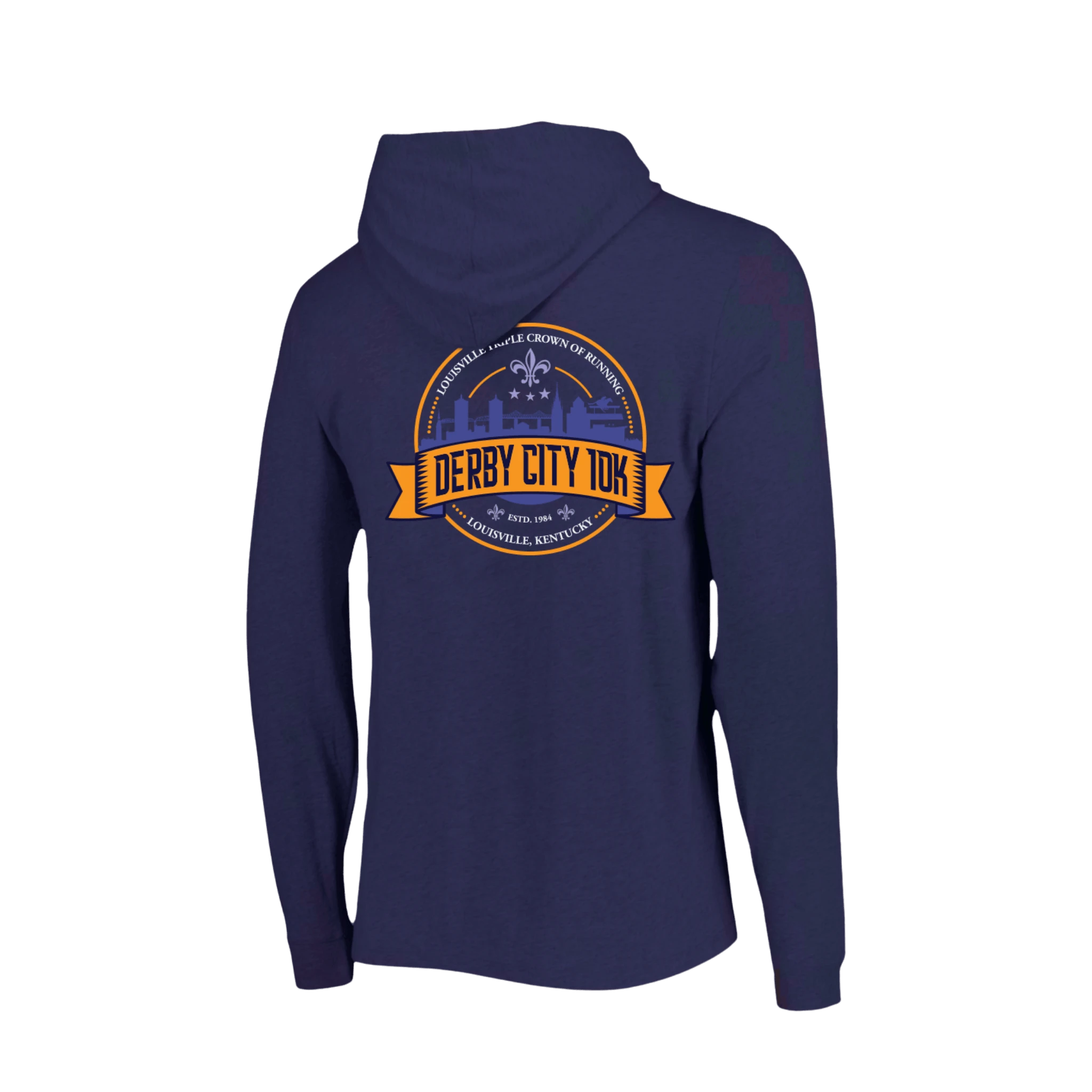 Purple hoodie with Derby City 10K graphic on the back 