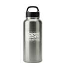 Stainless steel water bottle with black lid and Fargo Marathon logo sticker