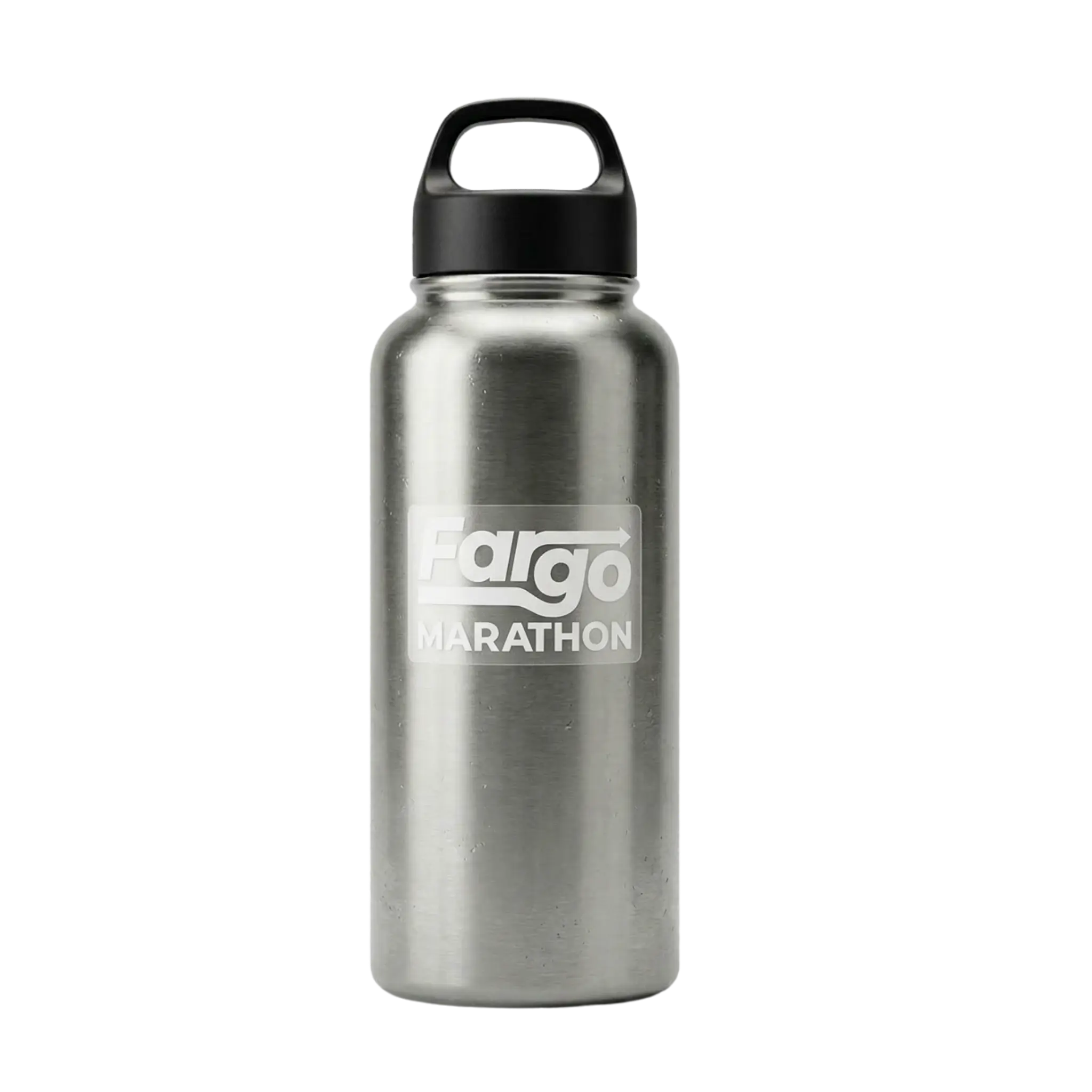 Stainless steel water bottle with black lid and Fargo Marathon logo sticker