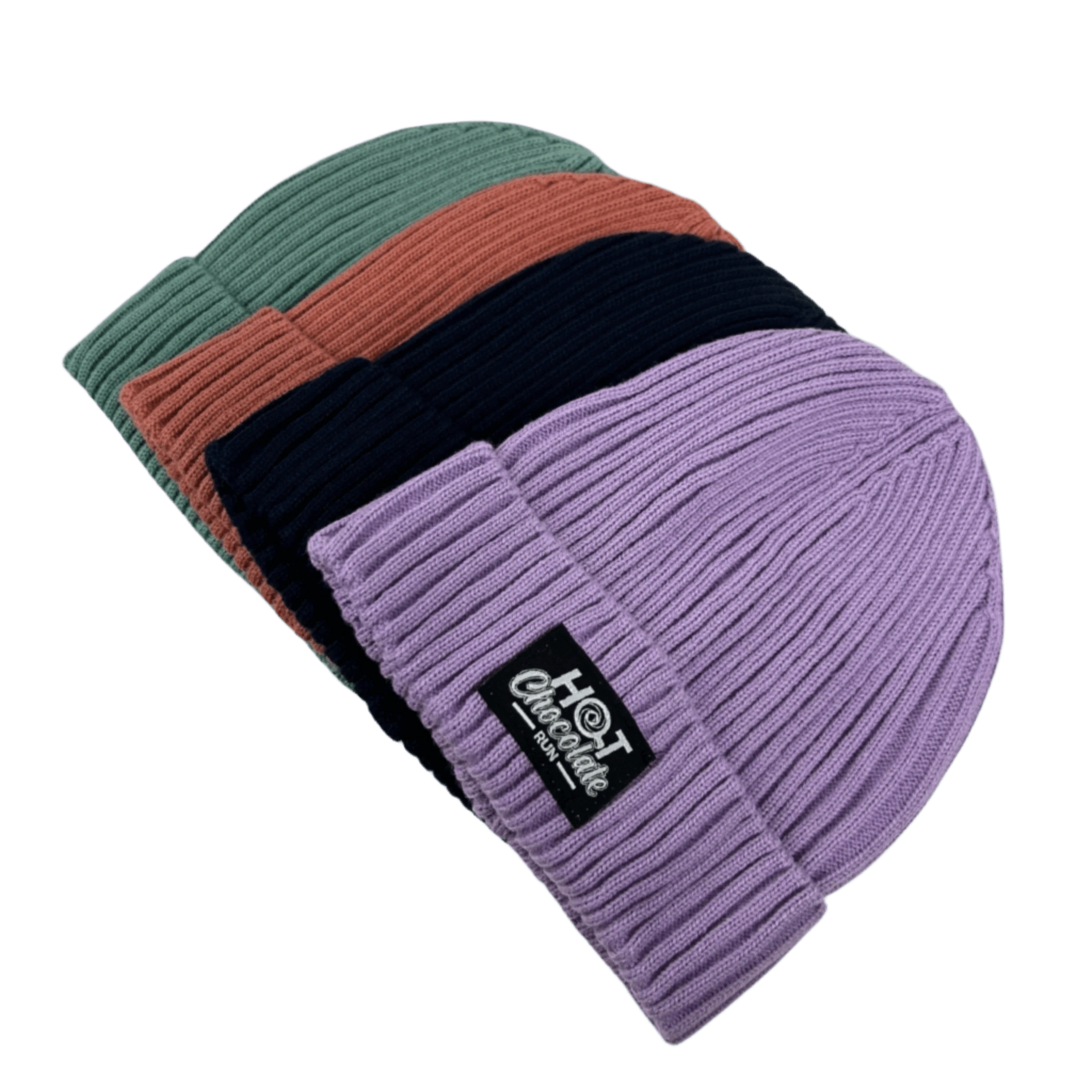 Hot Chocolate Ribbed beanies assorted colors in mint, lavender, navy, and coral with 'Hot Chocolate' black patch logo