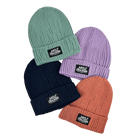 Hot Chocolate Ribbed beanies assorted colors in mint, lavender, navy, and coral with 'Hot Chocolate' black patch logo