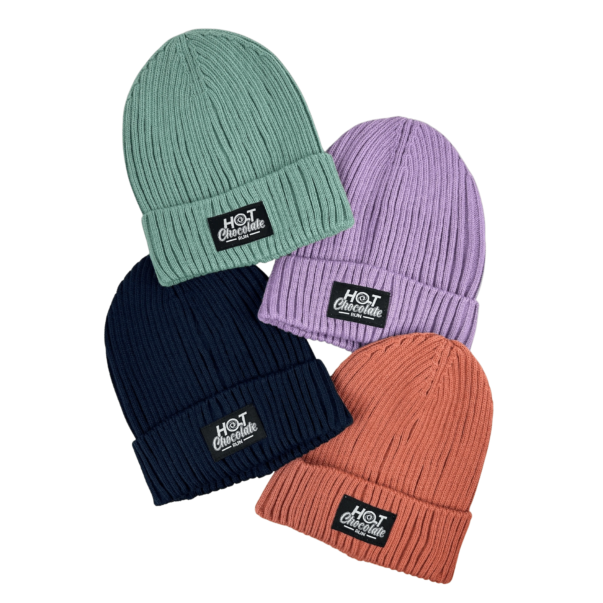 Hot Chocolate Ribbed beanies assorted colors in mint, lavender, navy, and coral with 'Hot Chocolate' black patch logo
