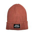 Hot Chocolate Ribbed beanie in coral with 'Hot Chocolate' black patch logo