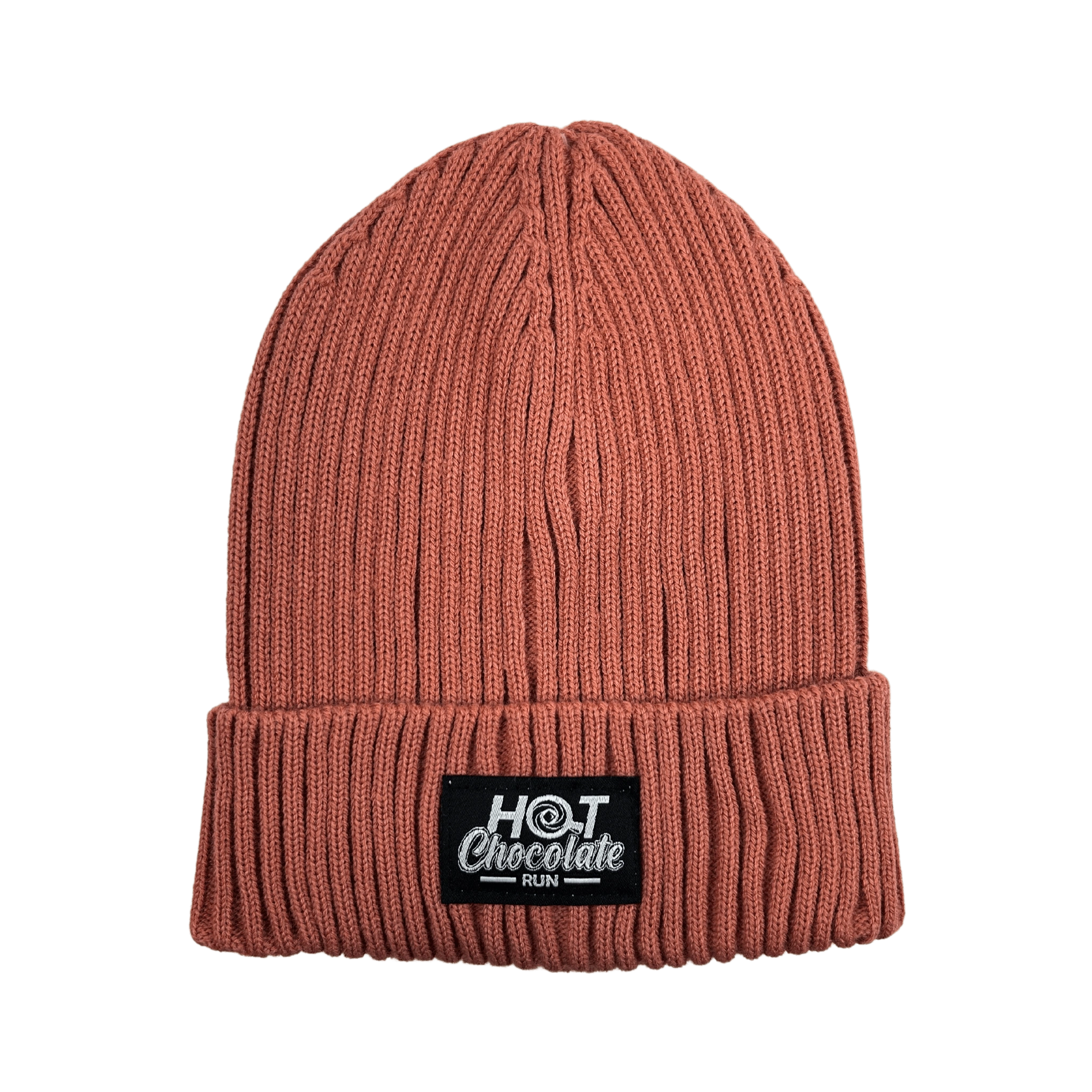 Hot Chocolate Ribbed beanie in coral with 'Hot Chocolate' black patch logo