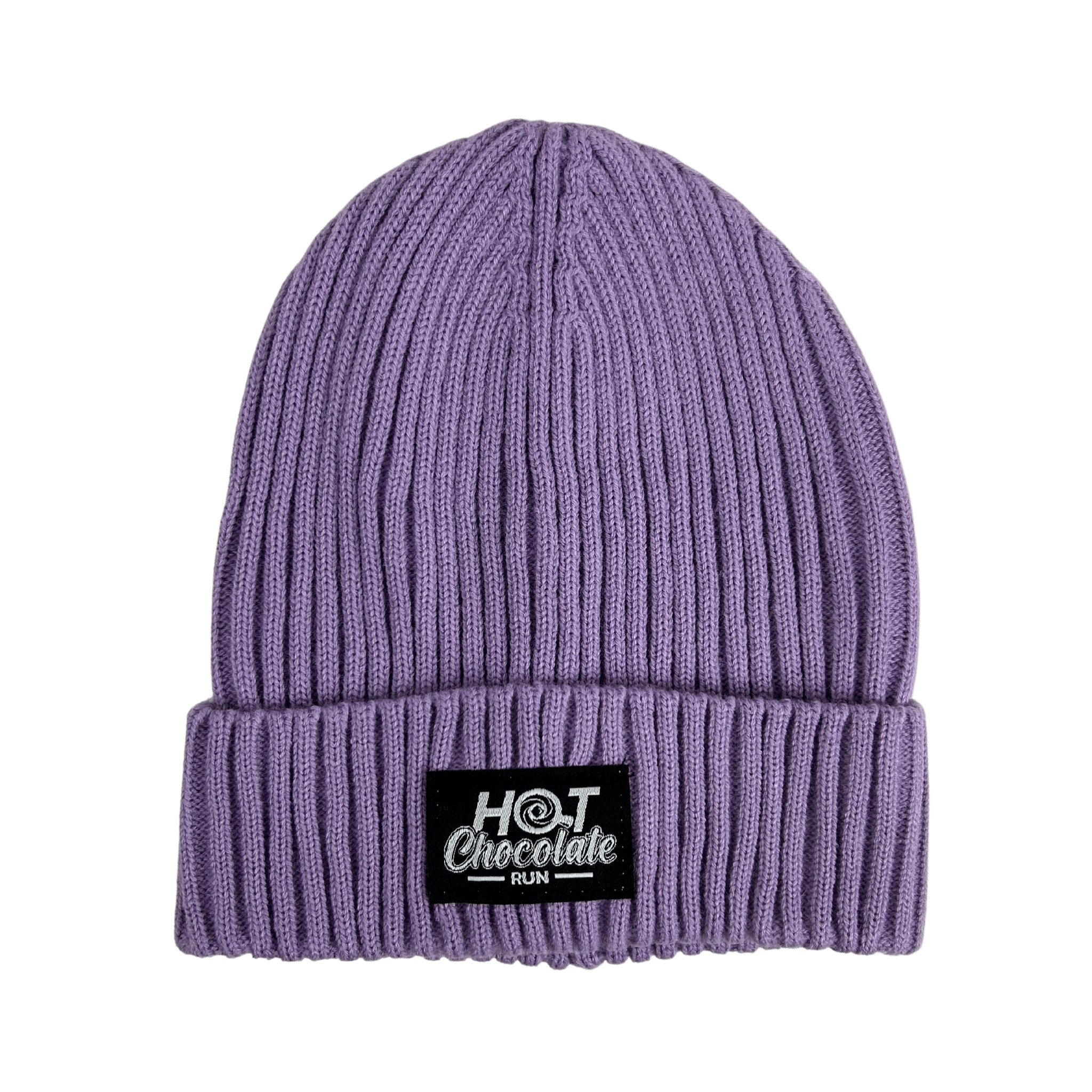 Hot Chocolate Ribbed beanie in lavender with 'Hot Chocolate' black patch logo