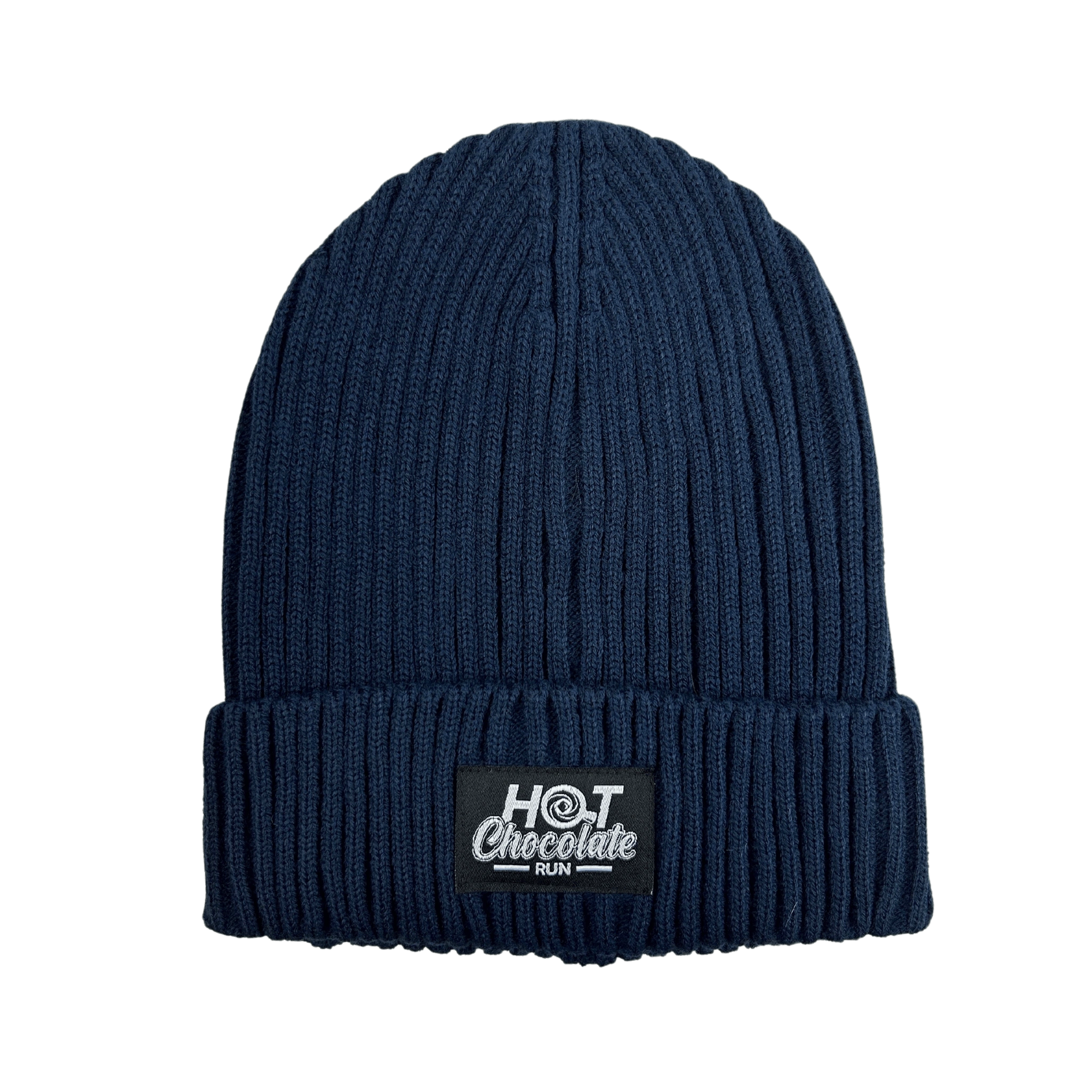 Hot Chocolate Ribbed beanie in navy with 'Hot Chocolate' black patch logo