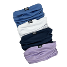 Stack of blue, white, navy, and purple neck gaiters with Hot Chocolate Run labels