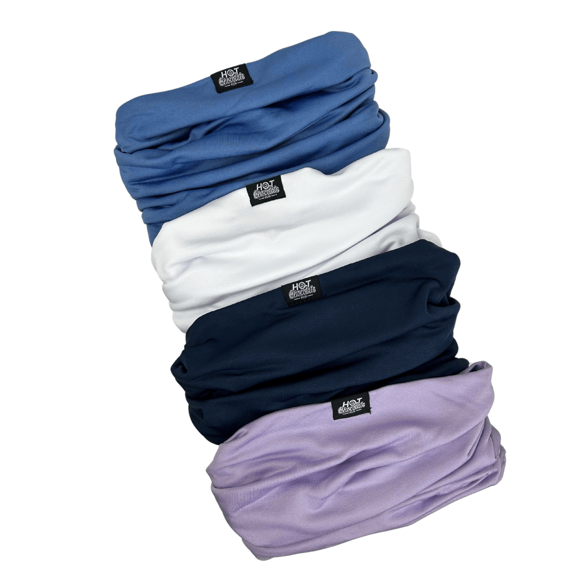 Stack of blue, white, navy, and purple neck gaiters with Hot Chocolate Run labels