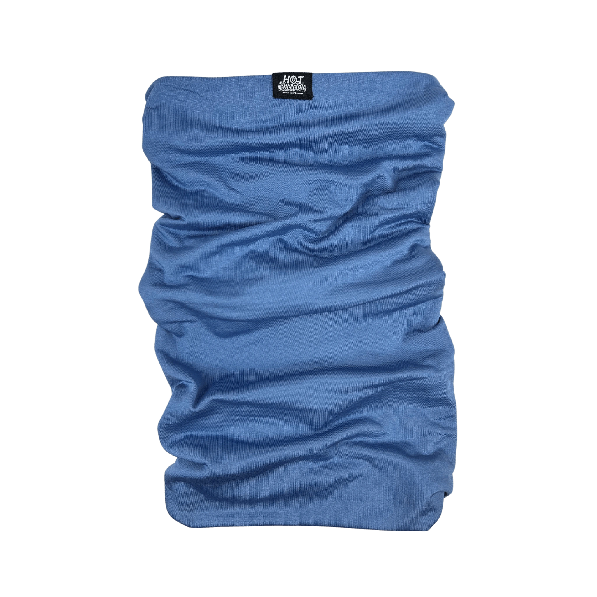Blue neck gaiter with a Hot Chocolate Run label